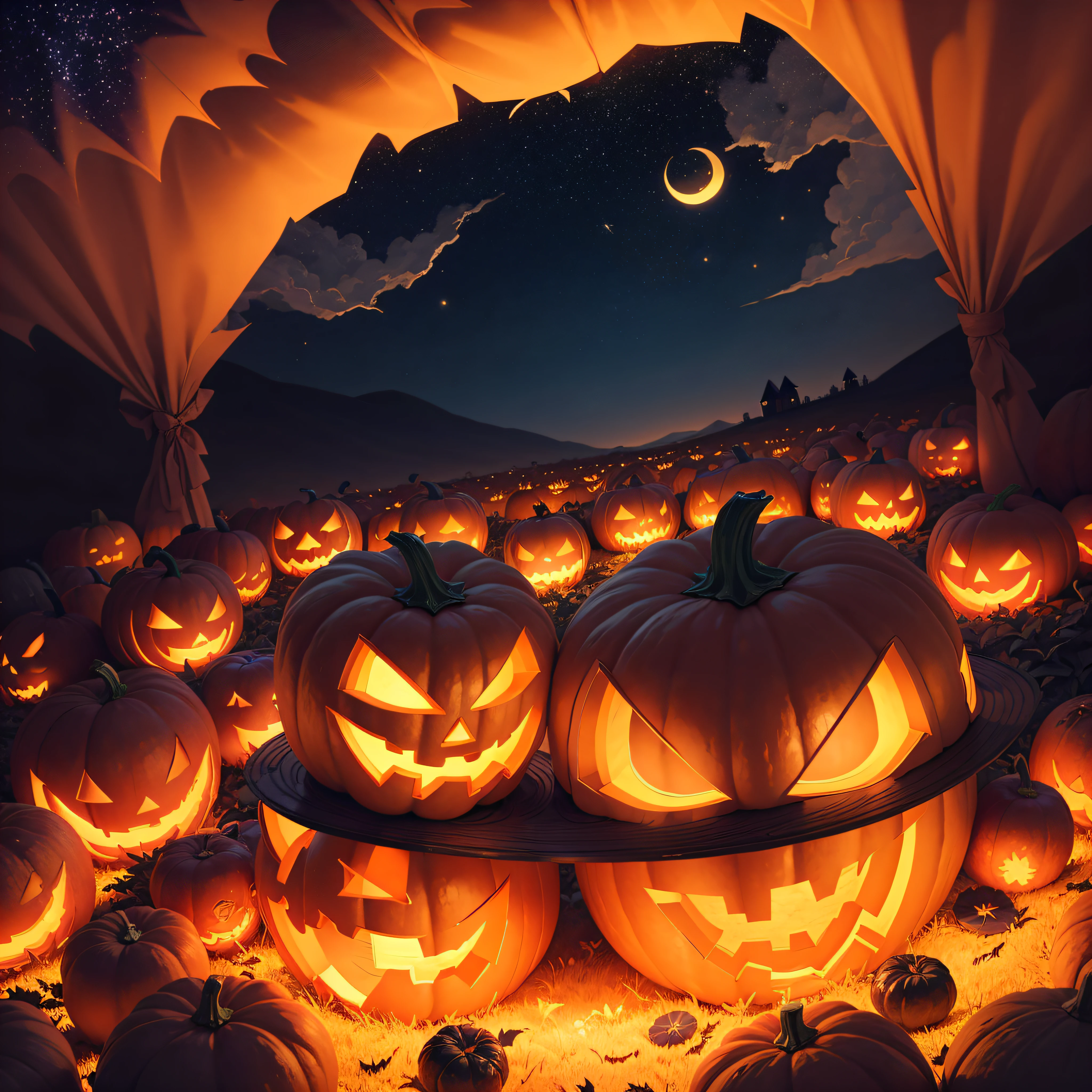 a Halloween vector background with a pumpkin patch bathed in the glow of jack-o'-lanterns and a starry night sky