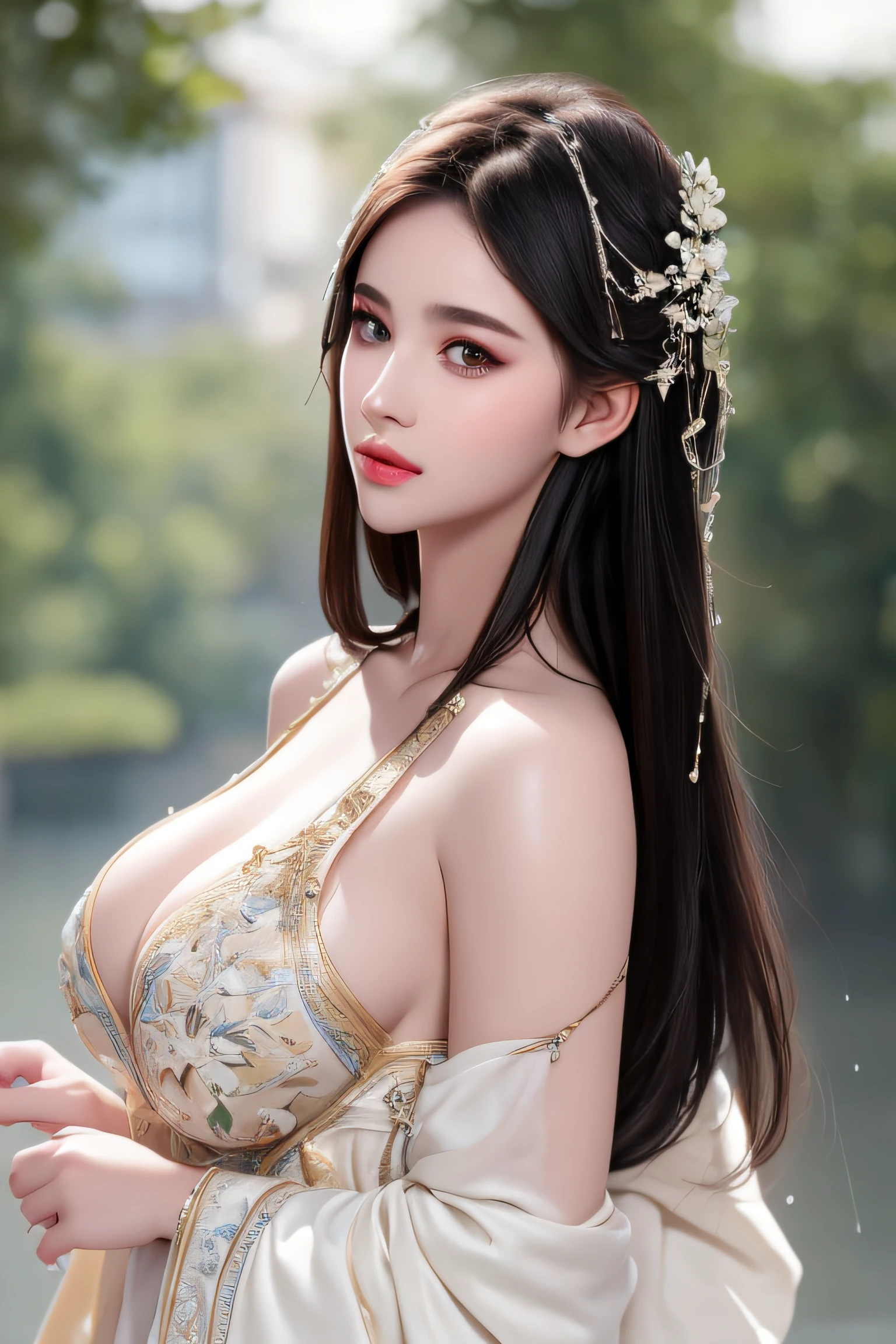 ((Best Quality, 8k, Masterpiece: 1.3)), Focus: 1.2, Perfect Body Beauty: 1.4, Buttocks: 1.2, ((Layered Haircut)), (Wet Clothes: 1.1), (Rain, Street:1.3), (Breasts: 1.2), (Hanfu: 1.2), Bare Shoulders, Bare Legs, Highly Detailed Face and Skin Texture, Fine Eyes, Double Eyelids, Whitened Skin, Long Hair, (Shut Up: 1.5), (Bokeh Background: 1.5), Big Breasts