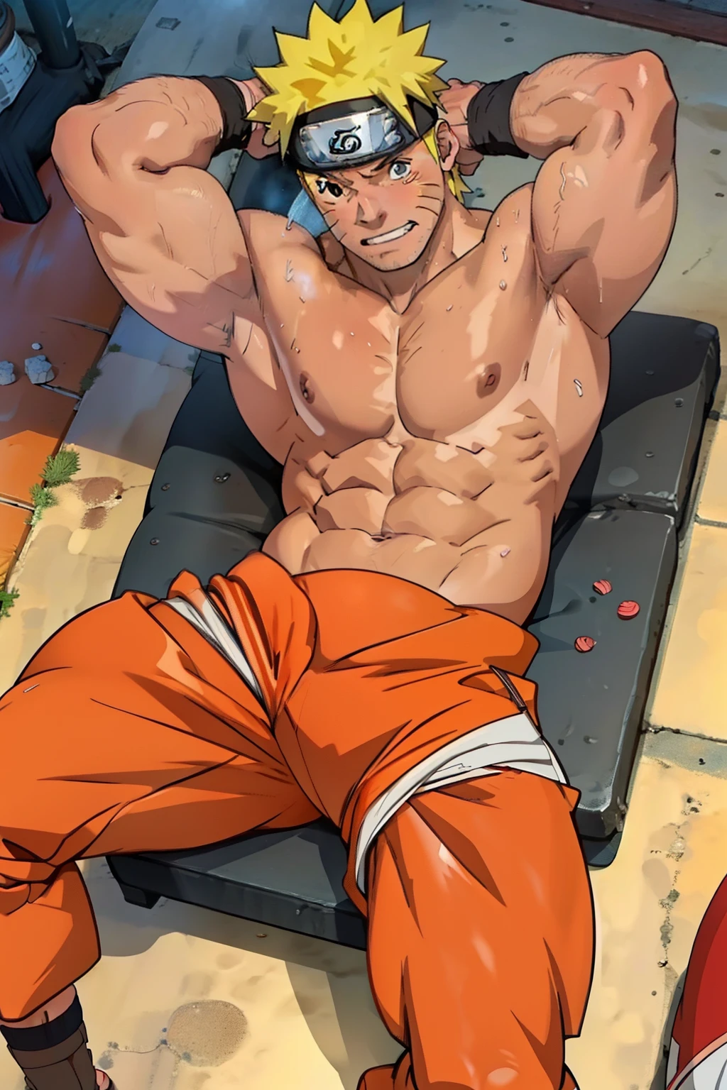 ( Huge and muscular thigh muscles)naruto uzumaki,  lots of sweat flowing down, topless, shirtless, sunny, shiny skin, tanned skin,bodybuilder, huge body,huge, sexy muscular body,super giant body, muscles exploding and muscular,huge, muscular chest muscles, huge, muscular biceps,cute , lying down, sleep