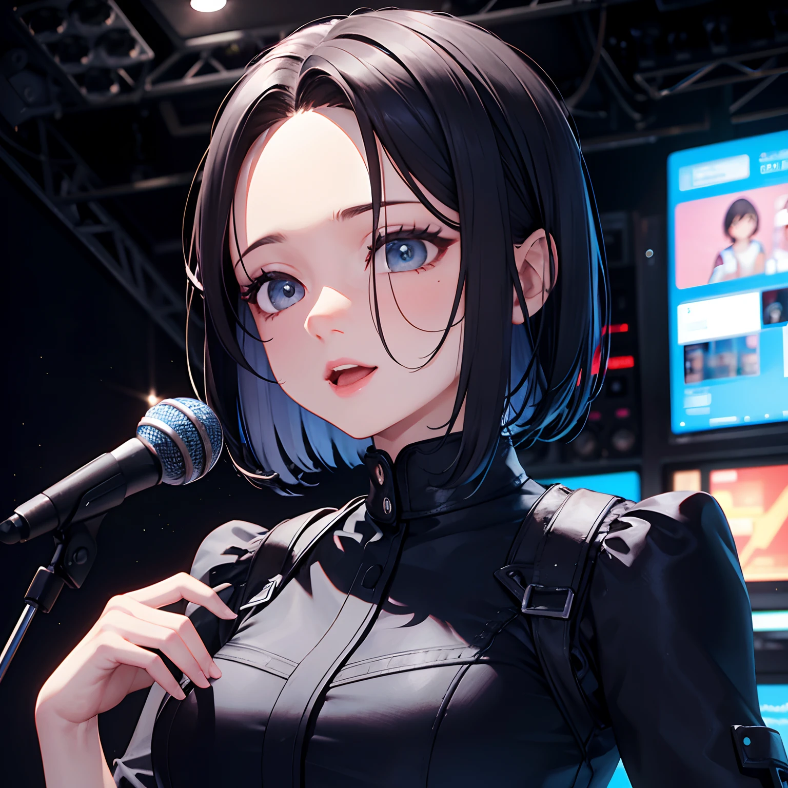 FM Radio Studio Stations, Speak into the microphone, Realistic, Full-HD, 。.。.3D, 4K、veryshorthair、Forehead、Adult woman、Blue-gray eyes、Dark gray hair