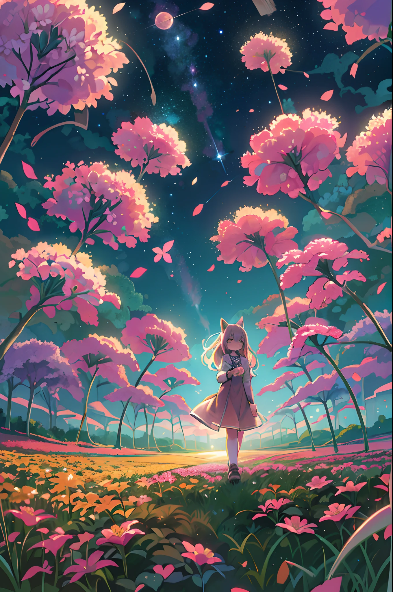 There is a girl standing in a flower field and looking up at the sky, Girl Standing In A Flower Garden, girl walking in flower field, Lost in Dreamy Wonderland, stands in a flowering field, Awesome digital painting, Sky is Xu々It will be sunny to, Starry sky is Xu々Retreat to