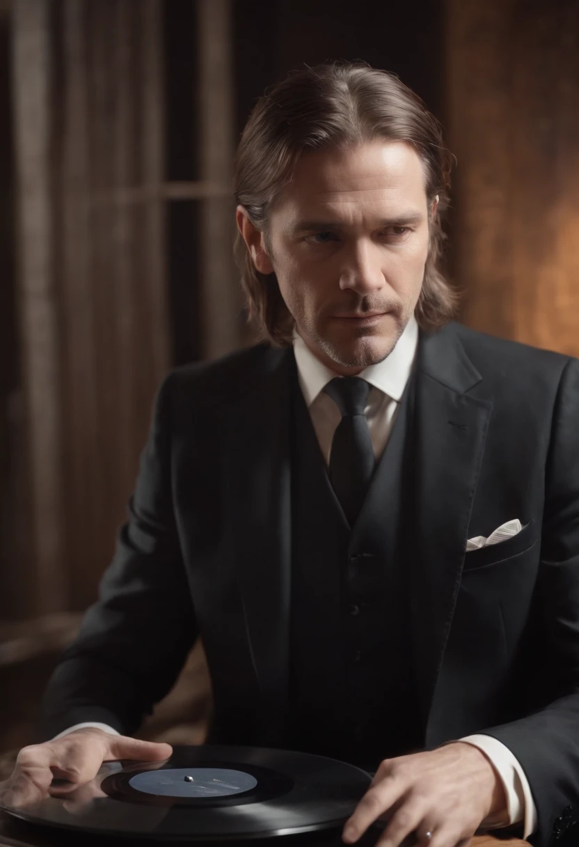 Middle-aged man with long hair looking at vinyl record, High Quality, Reality, Black suit,