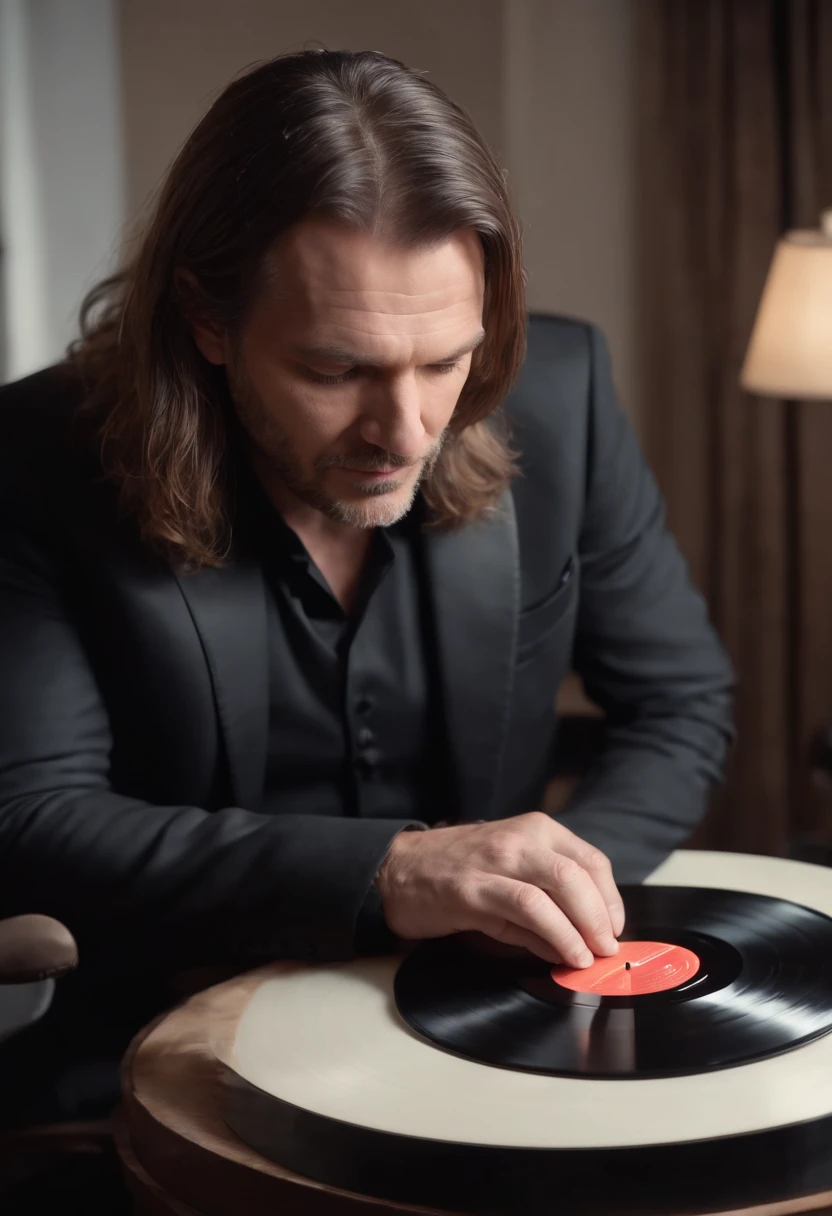 Middle-aged man with long hair looking at vinyl record, High Quality, Reality, Black suit,