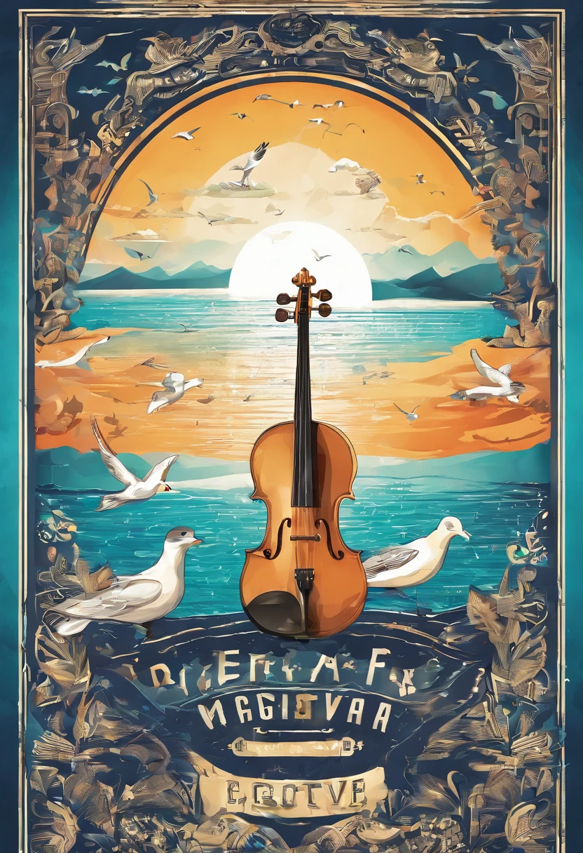 Draw a music festival poster,Background: sea and sky, white seagull, piano, violin, staves, notes