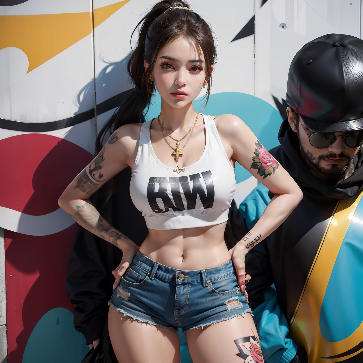 one pretty woman，Sexy figure，Bumpy figure，Fair face，Sweatshirt shorts to wear，Tattooed with，hip hop style，Graffiti walls，Wearing an exaggerated necklace，Cross your arms，Golden ponytail hair