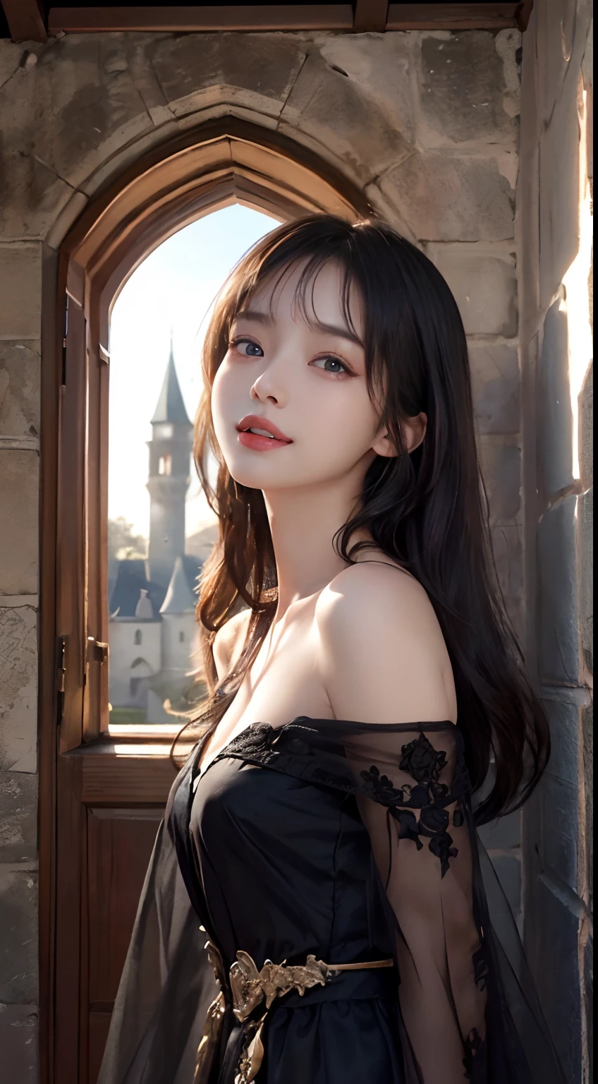 (ultra-realistic realism)、(illustratio)、(A high resolution)、(8K)、(The is very detailed)、(Best Illustration)、(Beautifully detailed eyes)、(top-quality)、(ultra - detailed)、(tmasterpiece)、(the wallpaper)、(A detailed face)、独奏、1 girl in、looking at viewert、finedetail、A detailed face、in the darkness nigth、deep shading、low tune、pureerosfaceace_V1、A smile、Long、Black shawl straight hair、46-point diagonal bangs, (Silk dress、long skirt)(cropped shoulders)The view of the castle、、Stand against the wall