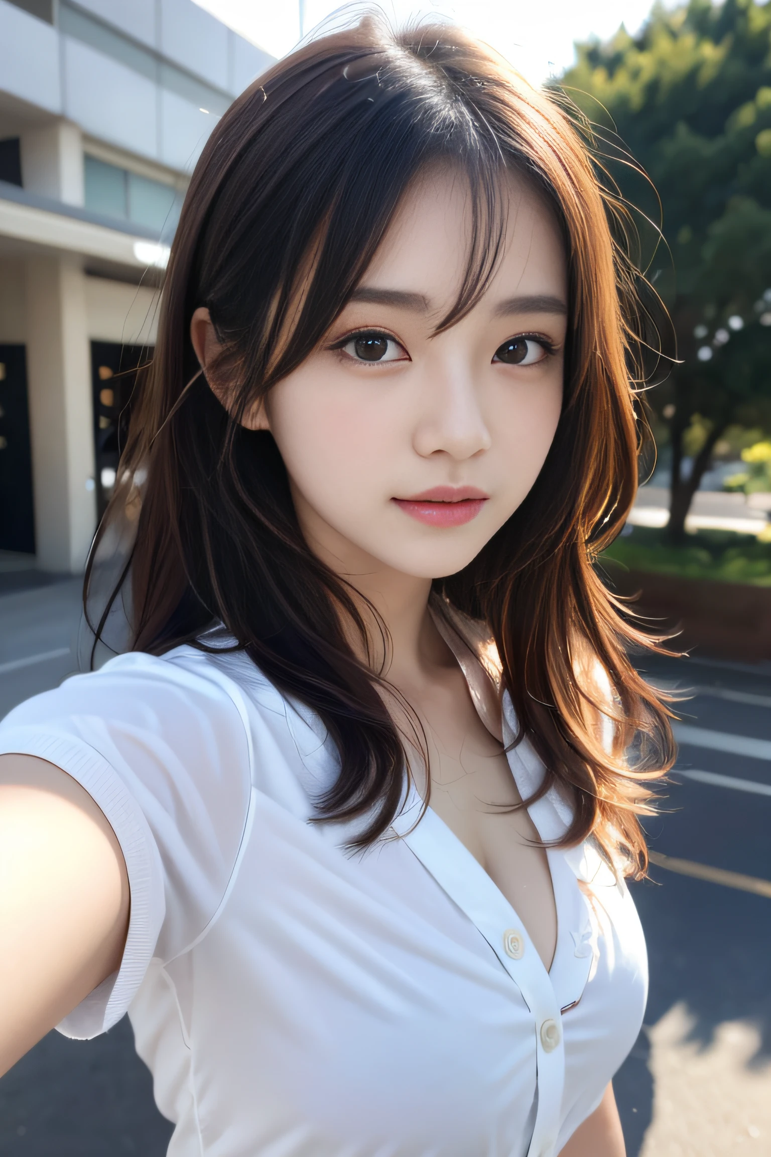 clothed、(photo real:1.4)、(Hyperrealistic:1.4)、(Realstic:1.3)、
(Smoother lighting:1.05)、(Improved lighting quality in movies:0.9)、32 k、
1GIRL、20 years old girl、Realistic Lighting、Backlit、Facial light、Ray Trace、(Brightening light:1.2)、(Increase quality:1.4)、
(Top Quality Real Texture Skin)、Fine eyes、finerly detailed face、
(Tired, sleepy and satisfied:0.0)、closeup on face、Student uniform:1.3、korean idol、Nogizaka Idol、hposing Gravure Idol
(Bodyline mood improvement:1.1)、Glossy skin、korean idol、Nogizaka Idol、hposing Gravure Idol、selfie
