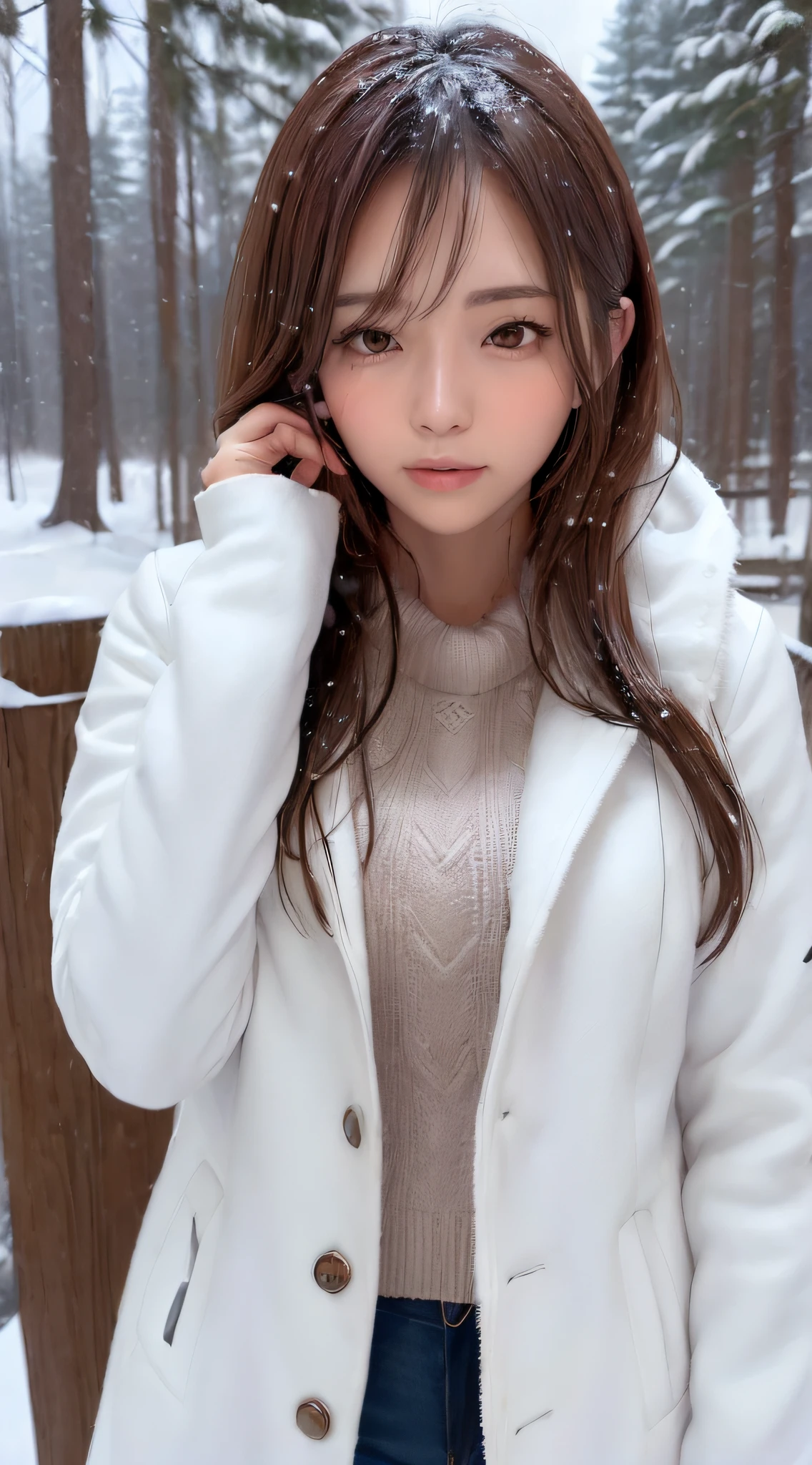 A woman in a white coat standing in the snow - SeaArt AI