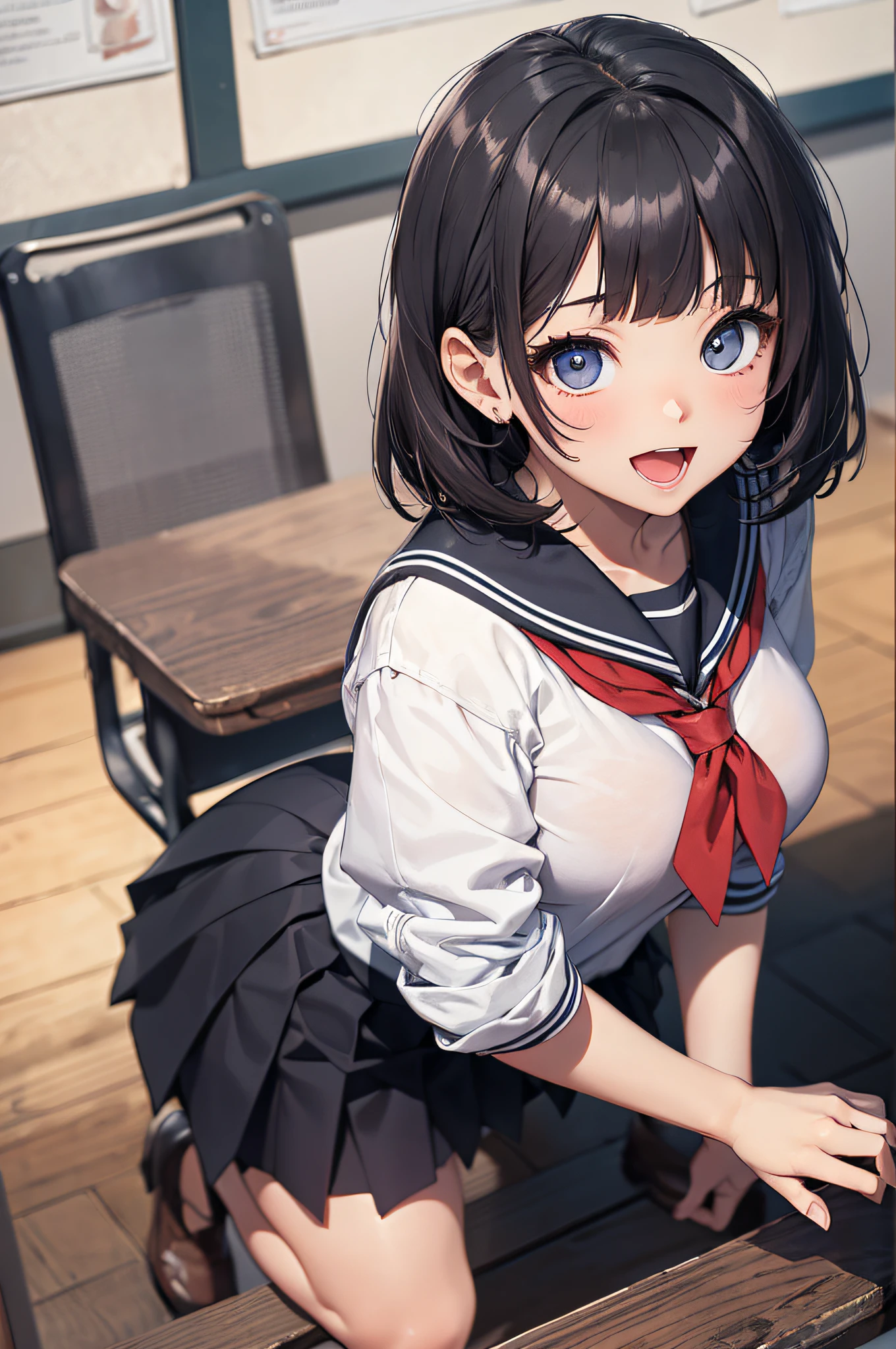 (top-quality、in 8K、32K、masterpiece、nffsw、超A high resolution、Impresionismo、Photorealsitic:1.2)、Angle from above、High angle、Colossal tits、cowboy shot, detailed faces and eyes、 Inside the classroom、Schools、Evening glow、beauitful face、blurry backround、16-year-old beautiful girl、shinny skin、short-hair、Beautiful black hair、Blunt bangs、Red Eye、(Katyusha:1.2)、a sailor suit、Pleated miniskirt、Curve、Stand on one knee、(I can see panties:1.2)、Smile with open mouth、Opening legs、