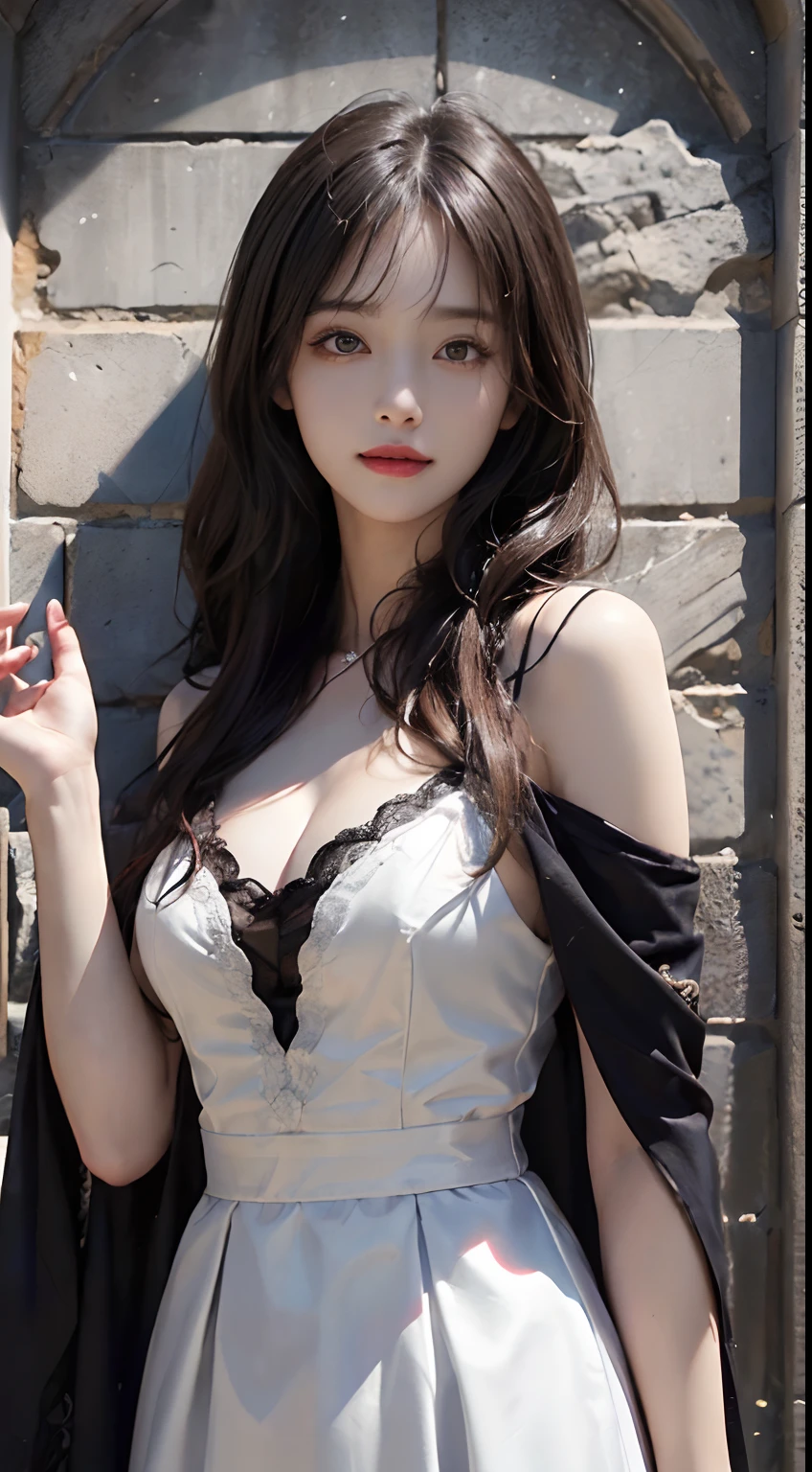 best quality,masterpiece,extremely detailed,high res,4k,ultra high res,detailed shadow,ultra realistic,realistic,dramatic lighting,1girl,solo,detailed face,realistic eyes,realistic skin,white dress,black hair,dynamic pose, white lace dress, full body, standing in a different pose, playing with her hair