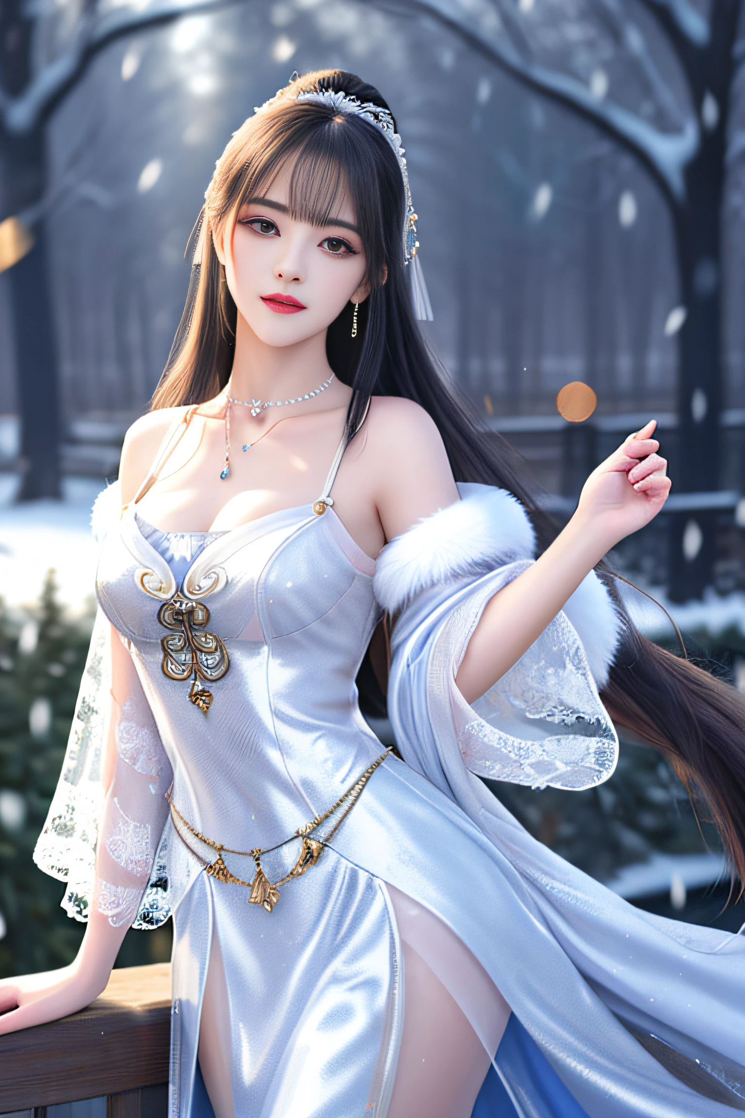 best qualityer,8K, tmasterpiece, A high resolution, 1girll, Clear silk porcelain dress, Fur coat, hair adornments, ssmile, Keep one's mouth shut, cparted lips,Large breasts,Shoulder, shift dresses, hair adornments, choker necklace, jewely, Chinese outfit, long whitr hair, 耳Nipple Ring, Detailed beautiful eyes, detailed eyelashes, beautiful face,after sexing_Body, Tyndall effect,realisticlying, edge lit, twotonelighting,(highdetailskin:1.2), 8K, Ultra HD, digital SLR camera, gentle illumination, high high quality, Volumetriclighting, Frankness, photore, A high resolution, Bokeh, at a forest, Falling snow, Winters, in the afternoon