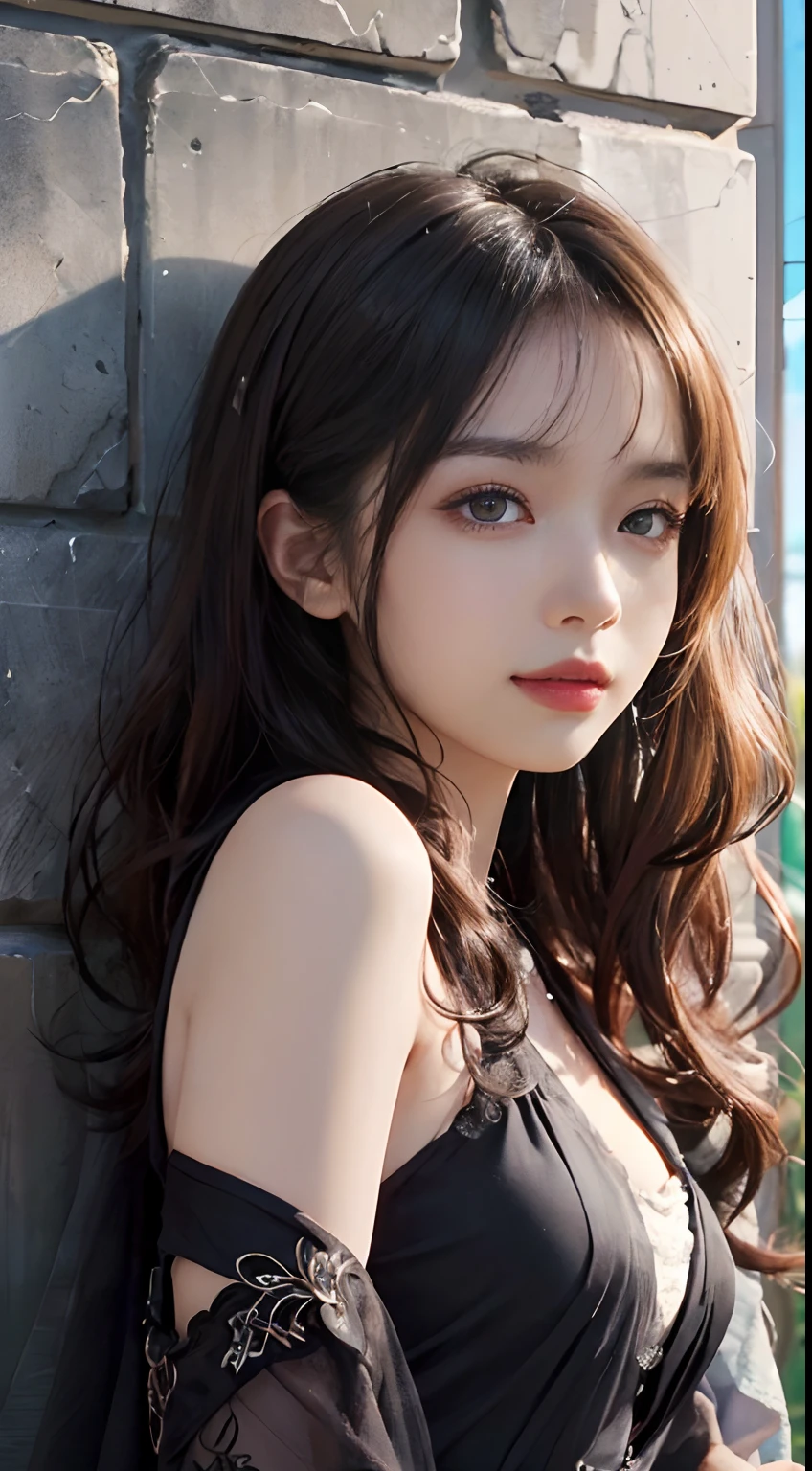 Beautiful eyes and face、An ultra-high picture quality、8K、Smart body、High Style、About 24 years old、Detailed eyes、Detailed skin、Crystal clear white skin、off shoulders、((Black Dress))、middlebreasts、simple background、((skin whitening))、a necklace、Beautiful collarbone、