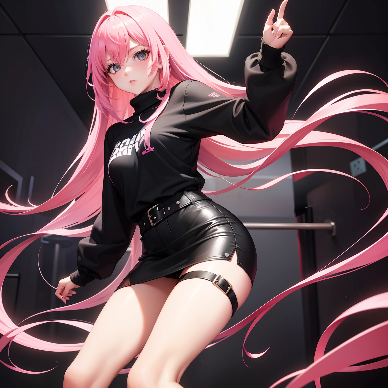 Leader of Runaway Bad Girl, Long Black Jumper, a cool、a miniskirt, Long pink hair, Looking at the viewer, Front view,