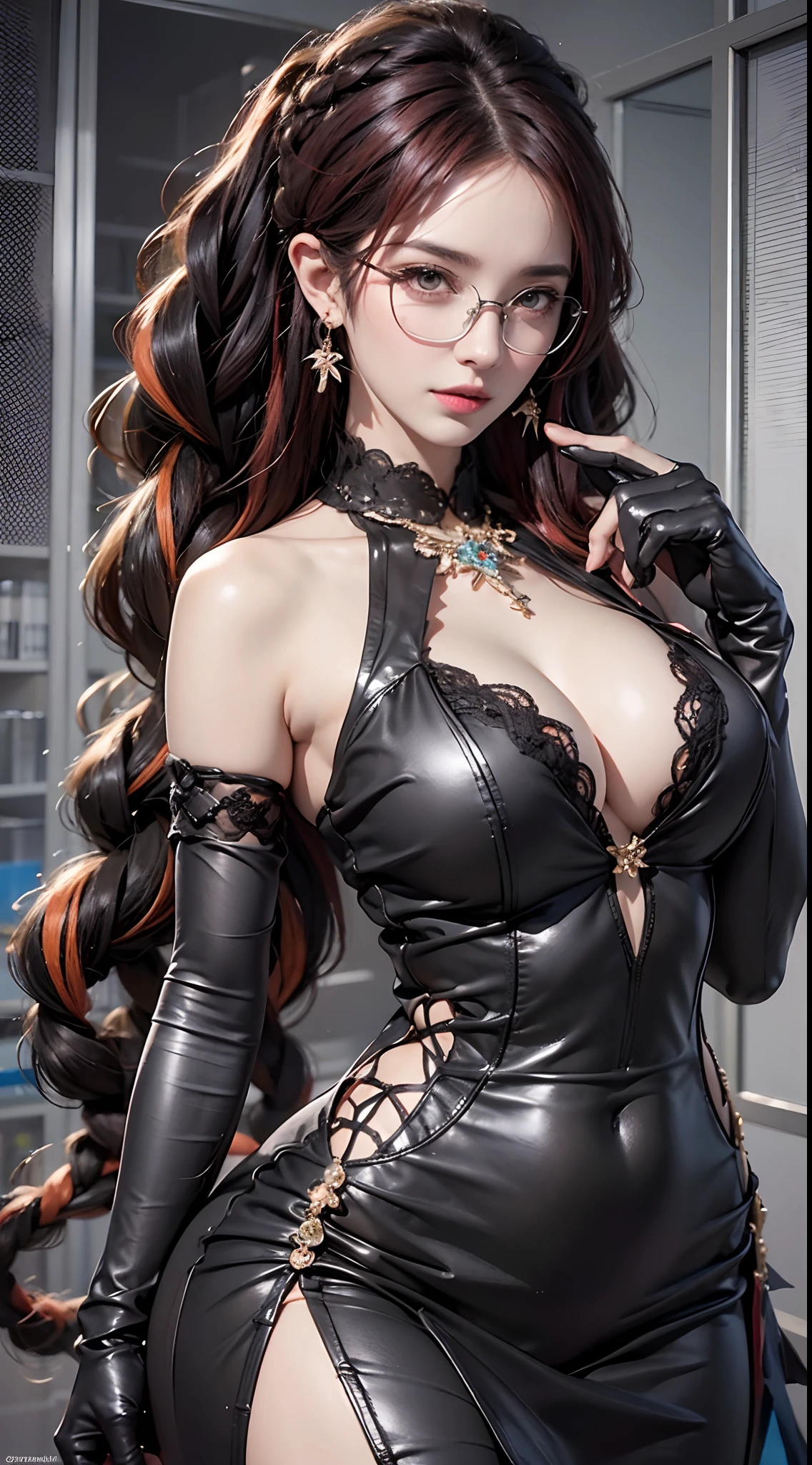 photorealistic, high resolution, 1women, mature female, solo, hips up, look at viewer, (detailed face), black hair, earrings, jewelry, red hair, multicolored hair, twin braids, glasses, ((gloves)), grey eyes, dress