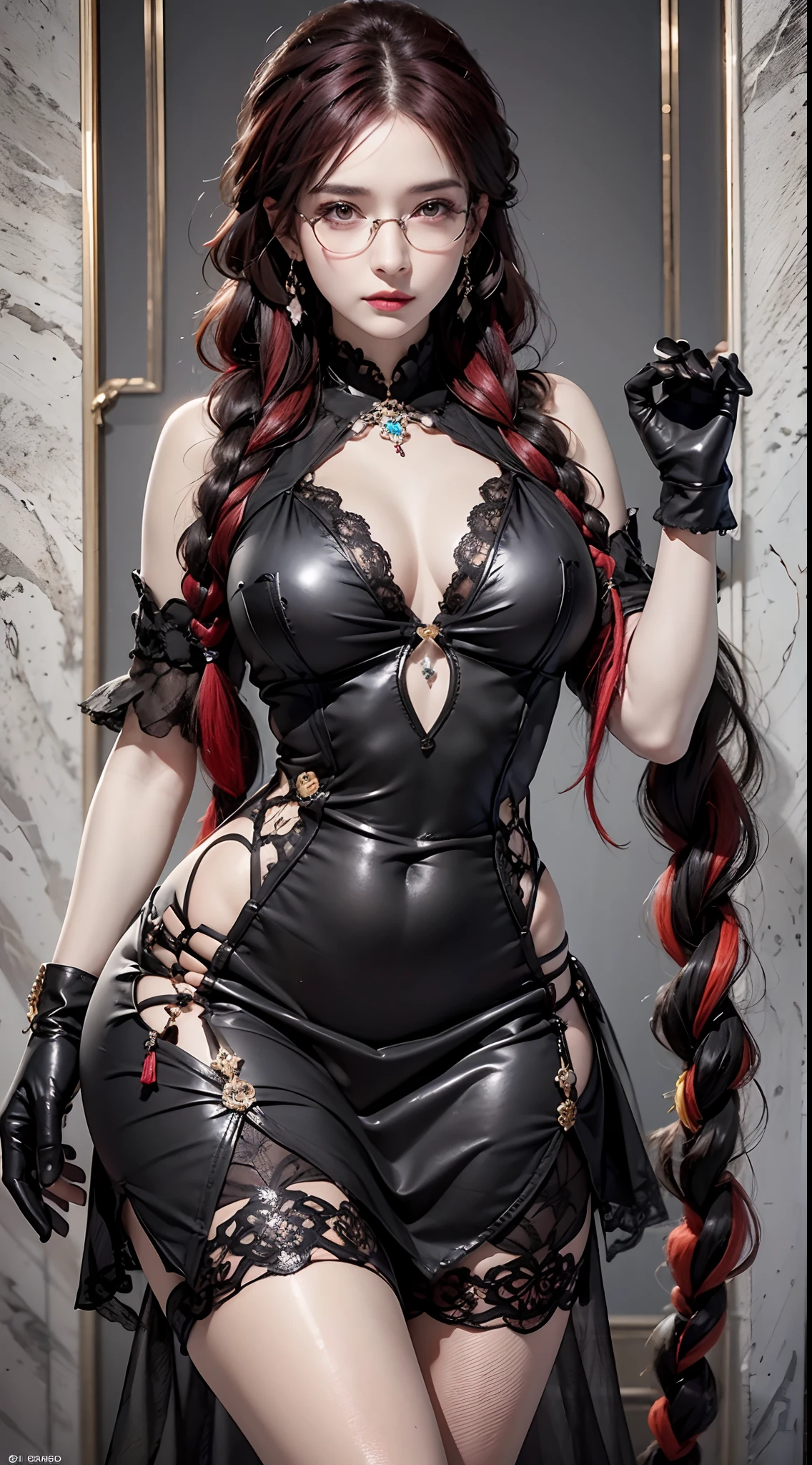 photorealistic, high resolution, 1women, mature female, solo, hips up, look at viewer, (detailed face), black hair, earrings, jewelry, red hair, multicolored hair, twin braids, glasses, ((gloves)), grey eyes, dress