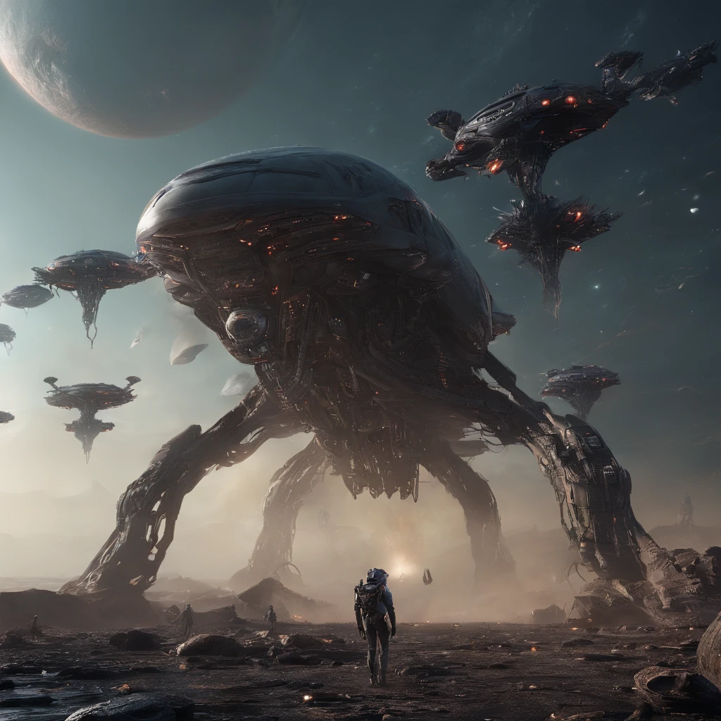 A cinematic scene, Swarms of spaceships,Destruction and volumetric lighting,Very detailed