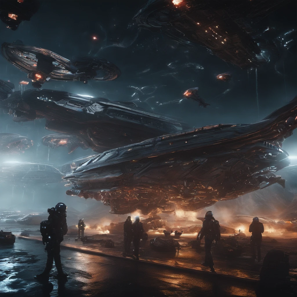 A cinematic scene， Swarms of spaceships,Destruction and volumetric lighting,Very detailed