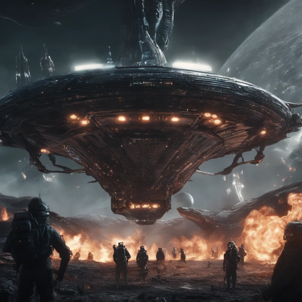 A cinematic scene, Swarms of spaceships,Destruction and volumetric lighting,Very detailed