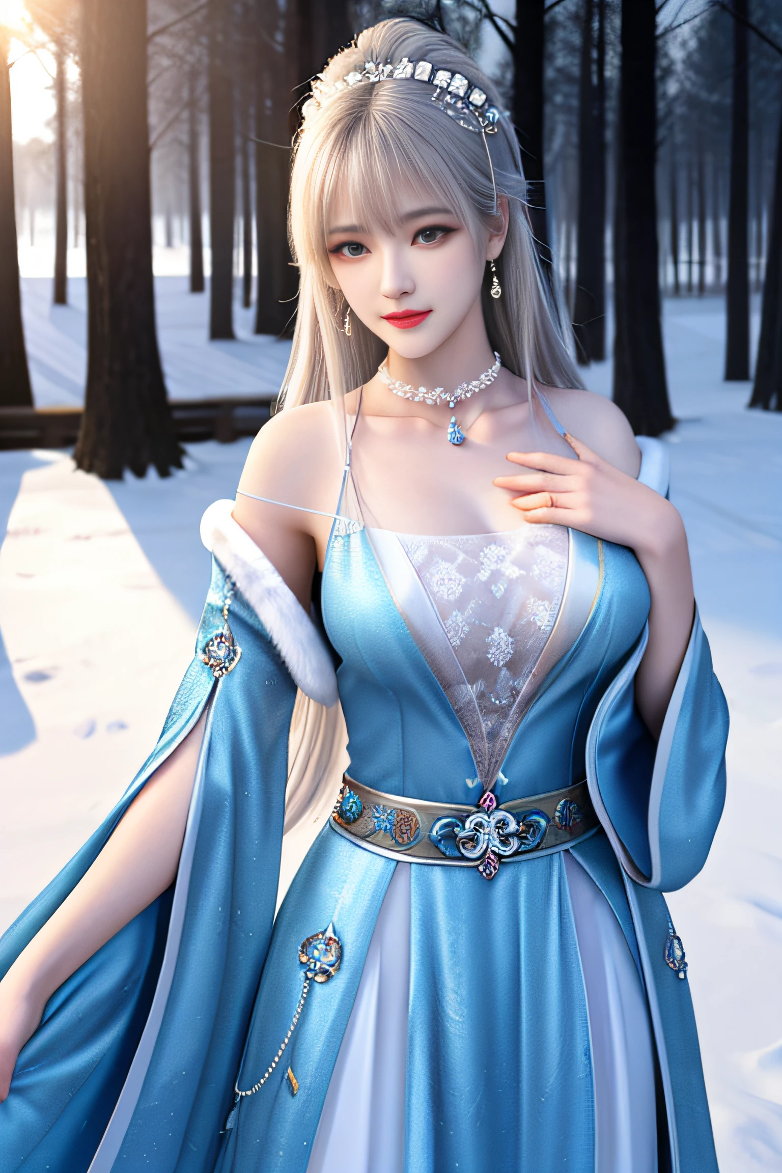 best qualityer,8K, tmasterpiece, A high resolution, 1girll, Clear silk porcelain dress, Fur coat, hair adornments, ssmile, Keep one's mouth shut, cparted lips,Large breasts,Shoulder, shift dresses, hair adornments, choker necklace, jewely, Chinese outfit, long whitr hair, 耳Nipple Ring, Detailed beautiful eyes, detailed eyelashes, beautiful face,after sexing_Body, Tyndall effect,realisticlying, edge lit, twotonelighting,(highdetailskin:1.2), 8K, Ultra HD, digital SLR camera, gentle illumination, high high quality, Volumetriclighting, Frankness, photore, A high resolution, Bokeh, at a forest, Falling snow, Winters, in the afternoon