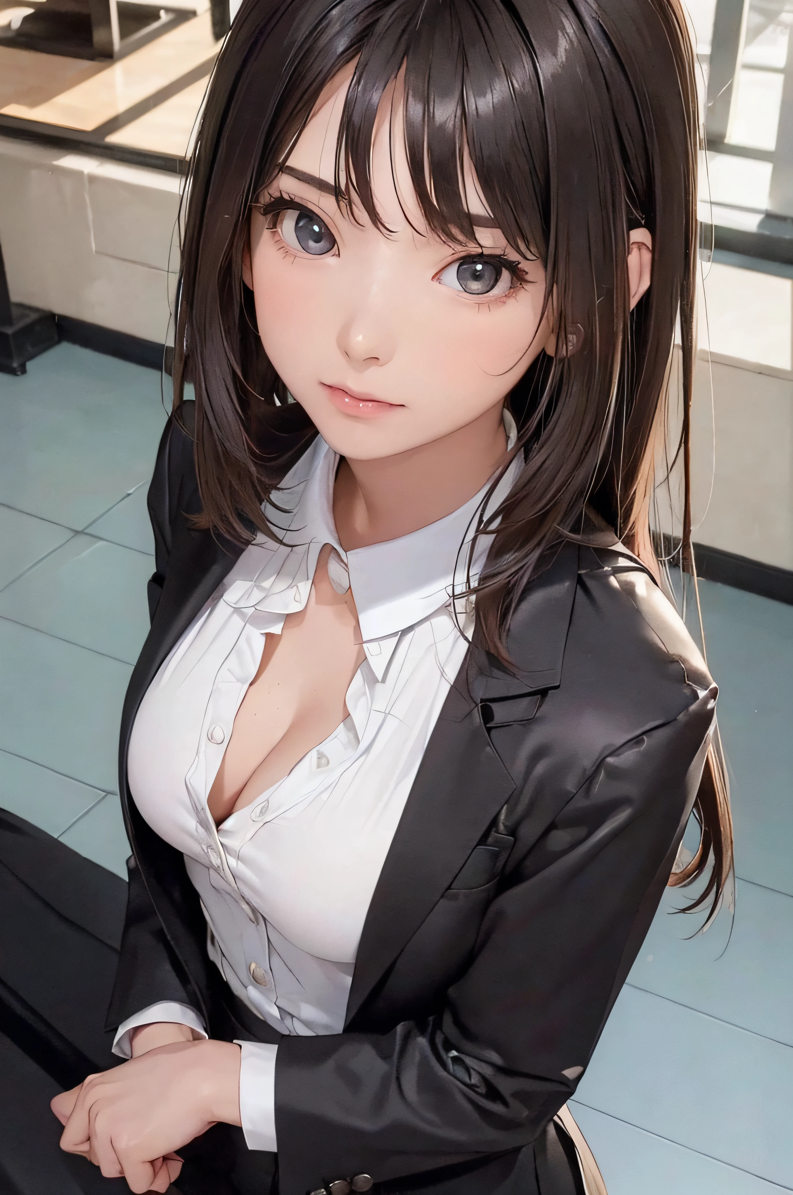 (1girl 24 years old:1.3), (photorealistic:1.4), (masterpiece, top quality, best quality, official art), extreme detailed, highest detailed, (ultra-detailed), ((an extremely delicate and beautiful)), cinematic light, (realisticlying:1.3), (highdetailskin:1.2), high resolution, 8K UHD, 4K, 8K, Bokeh, digital SLR camera, absurderes, Optimal proportions of four fingers and one thumb, 
((silky long hair)), (brown hair), beautiful face, perfect face, highly detailed beautiful face, 
Cute, shy, 
walk around town, 
dynamic angle, from above, 
((Wearing a black formal blazer)), ((white blouse with collar)), skirt, lacepantyhose,