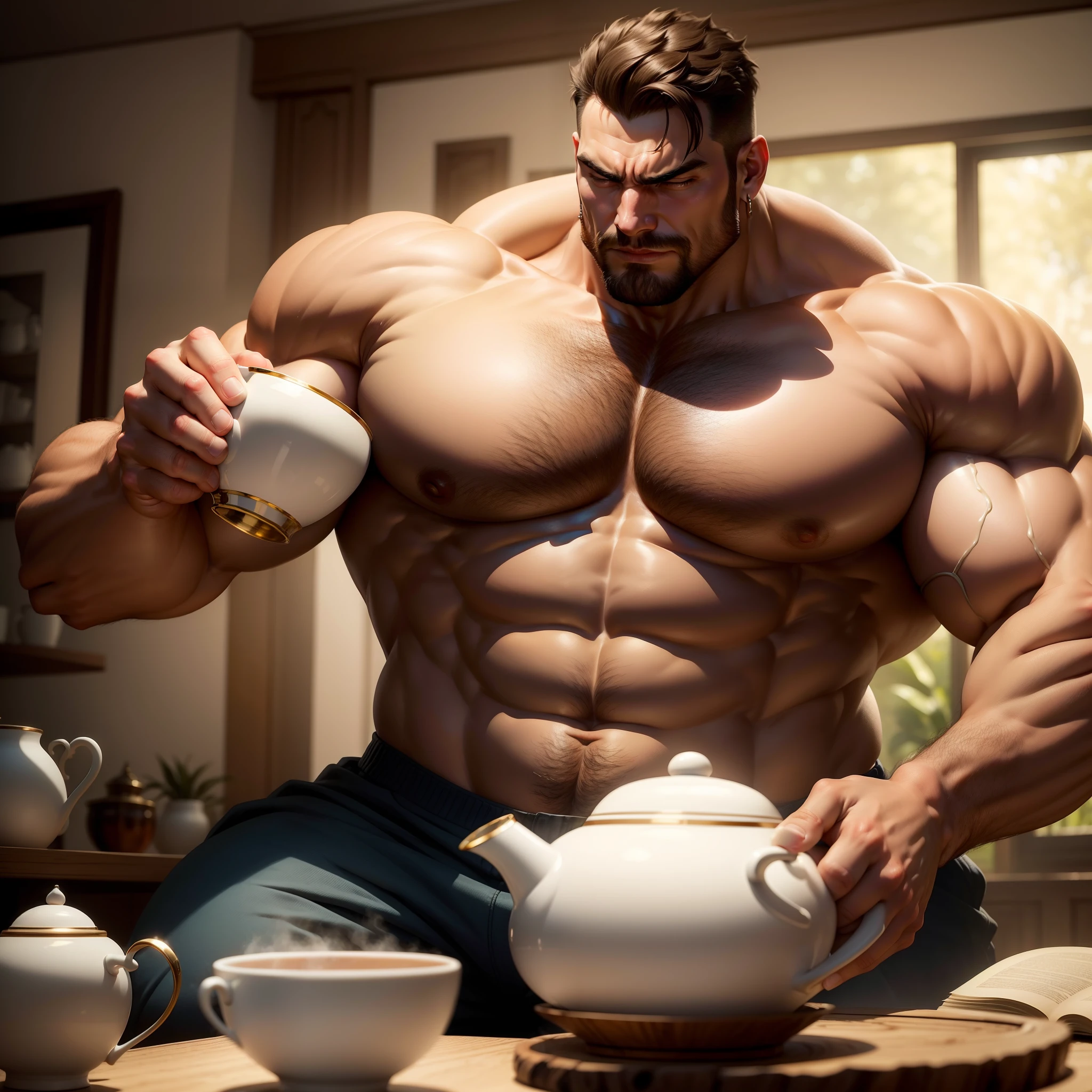 A very large muscular man drinking tea from a tiny porcelain teacup