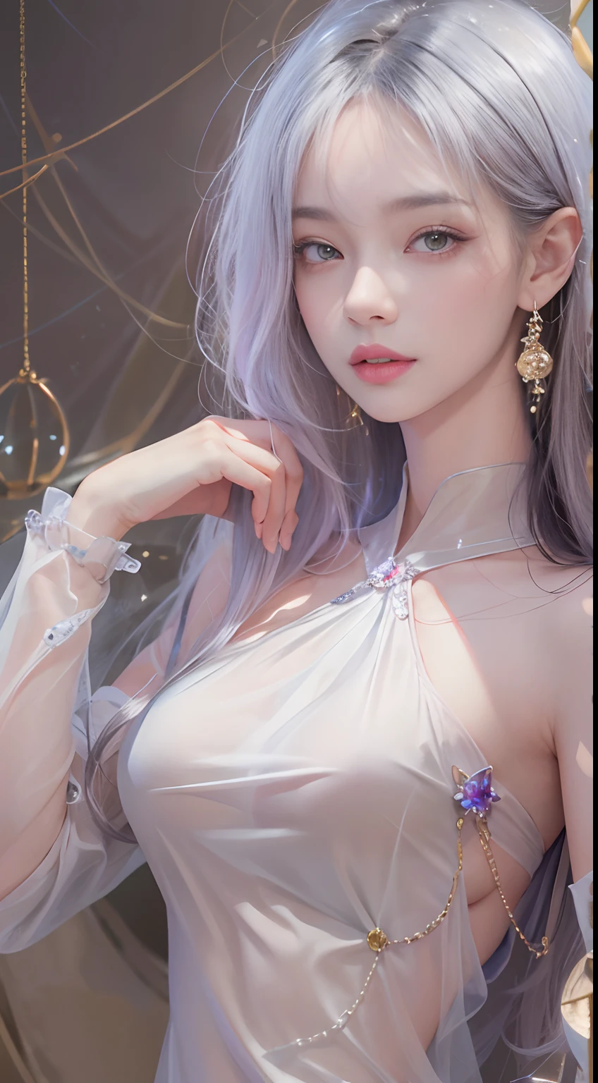 1girll,(enchanced quality:1.4),(Top quality true texture skin), Delicate face,Black hair, Gradient hair, Petite body,(perfect bodies:1.1), There are precious stones on the forehead, rimless eyewears, Sparkling pupils,long eyelasher,grin, hyper photorealism, Cinematic lighting, projected inset, surrealism, hyper HD, Masterpiece, 16k,Lie down,dream on,Wear transparent silk pajamas,Carmelto,Legs slightly open,Tattooed with,Fantasy space,Luxurious space