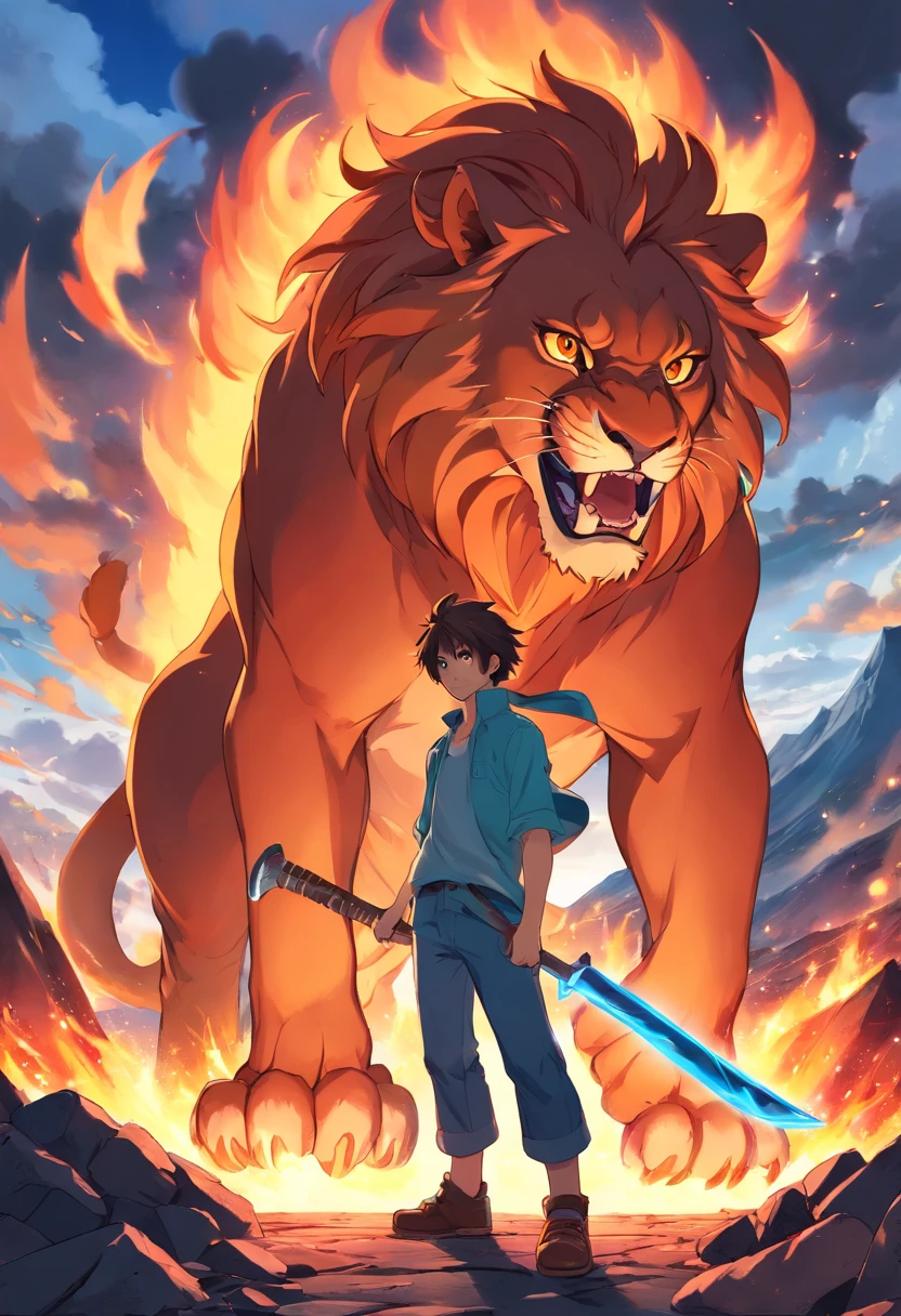 The male protagonist of a domineering fantasy novel,giant fire lion,axe,volcanic background