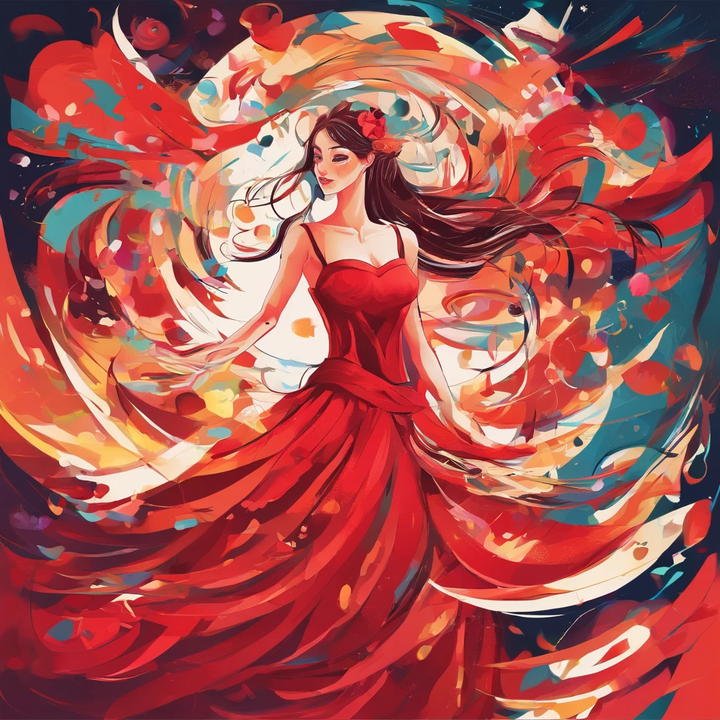A girl in a red dress，Watch intently as money falls from the sky，She bathes in love and wealth。