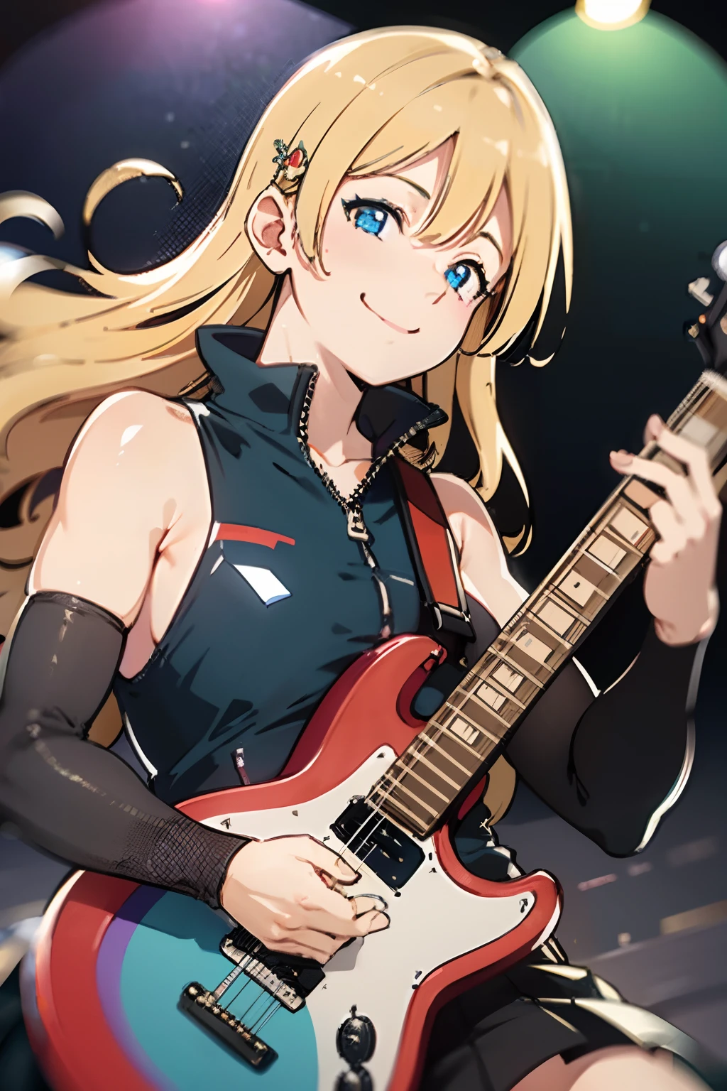 detailed reflecting eyes by professional digital painting, realistic,front lighting, 8k resolution, (girls' band:1.4), (dynamic angle), upper body, black guitar, amplifier, speaker, live stage, smile, Live festival, school, Shining Lighting