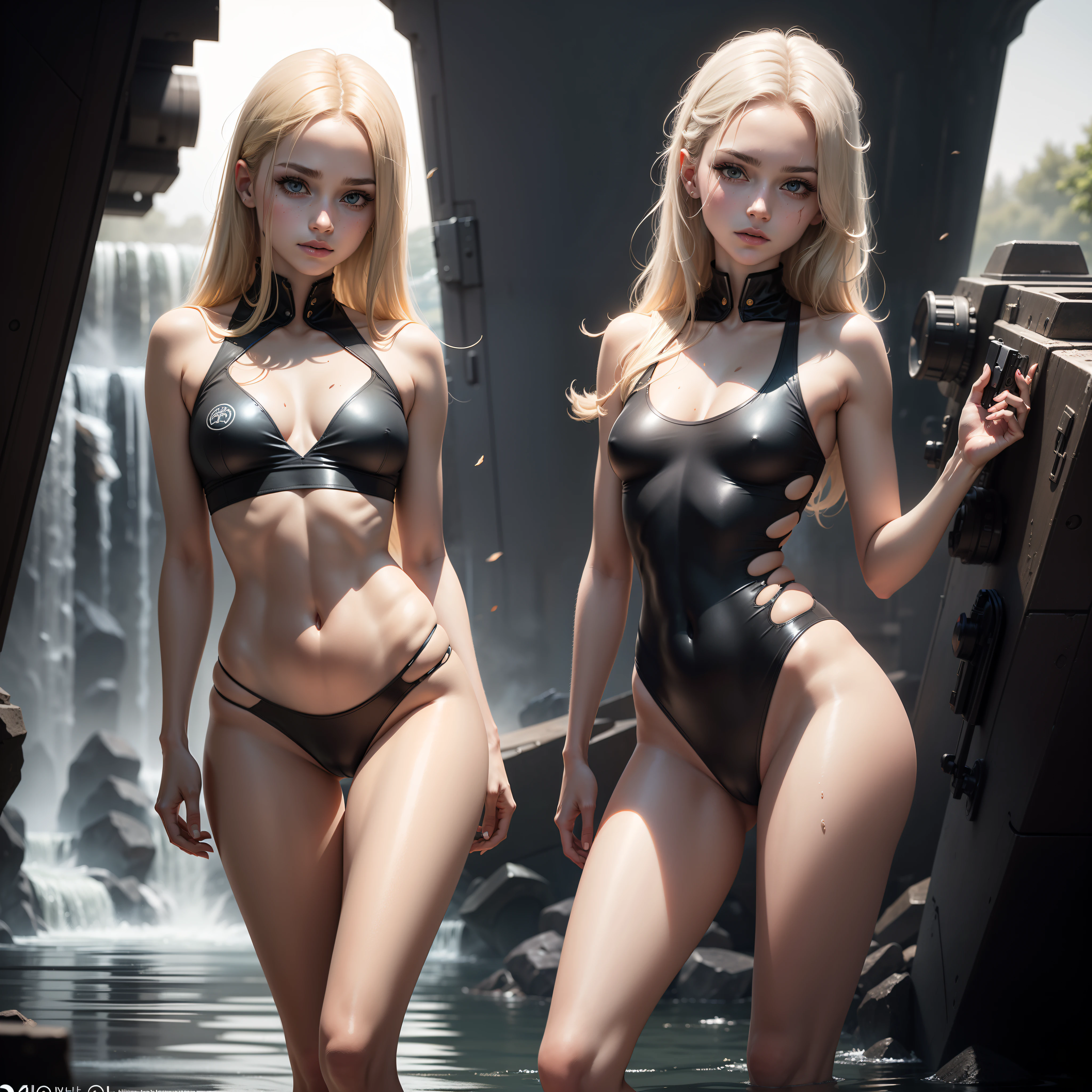 Ukrainian girl bathing at a waterfall , Background is the deck of an aircraft carrier and a fighter,Ukrainian anime girls , , Ukraine , Full body composition of young girl with messy bright blonde hair, eye make up, 13 year old, Soft lighting, Solo, Old torn dirty shabby futuristic military uniform, badges, Pose,Don't look at the camera, Blotch color, Octane Render, Hyperrealistic intricate detail, Cinematic, 8K resolution, 70mm, Accent Lighting, Global Illumination, Full body portrait, clean detailed faces, intricate clothing, Cute face, flat chest, Slim waist, Slim legs, small hips,Wear a futuristic swimsuit,