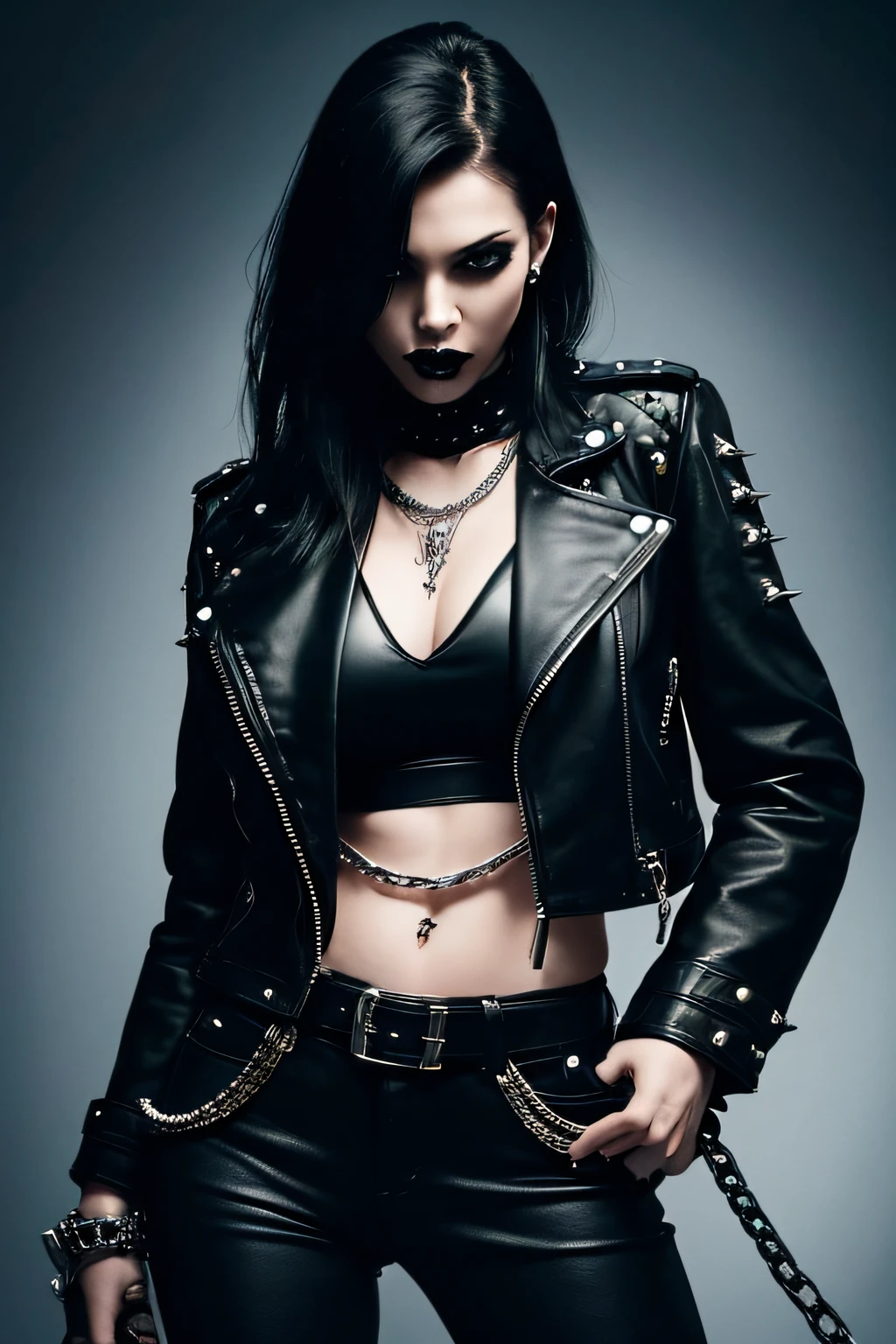 realistic photo. High, skinny ((Young woman)), 30 years, black wavy hair, haircut with short side bangs, Straight nose, The lips are thin, The eyes are black, nice smile, looks at the camera, The chest is flat, long leather coat with metal studs, white top, blue jeans, black high boots on feet , Cloudy, mountainous terrain, devastation, fire, Post-apocalypse style "mad max". stands against the backdrop of an ancient castle
