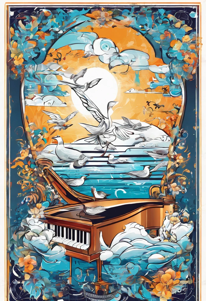 Draw festival posters Sea and sky white seagulls Piano Violin Staff Notes Chinese Music Festival