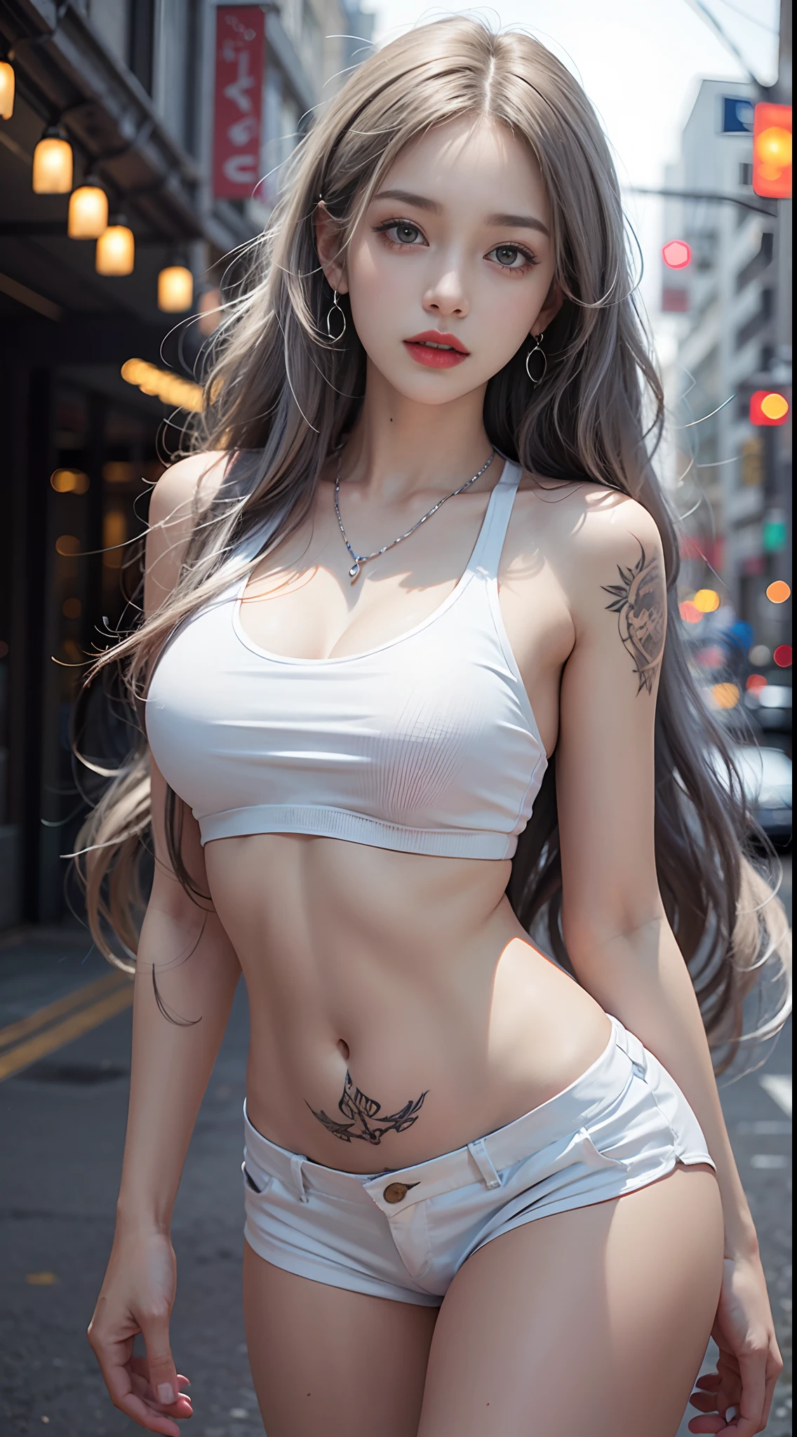 Urban beautiful girl college student, masterpiece, light makeup, red lips, silver hair, messy long hair, street background, beautiful, elegant. Ultra-fine details, master works, real texture, cinematic lighting realism, perfect work, 8k, HD, exquisite facial features, white tight open-cut top, transparent white tight shorts, slim figure, bright big eyes, smooth skin, earrings, necklace, tattoos