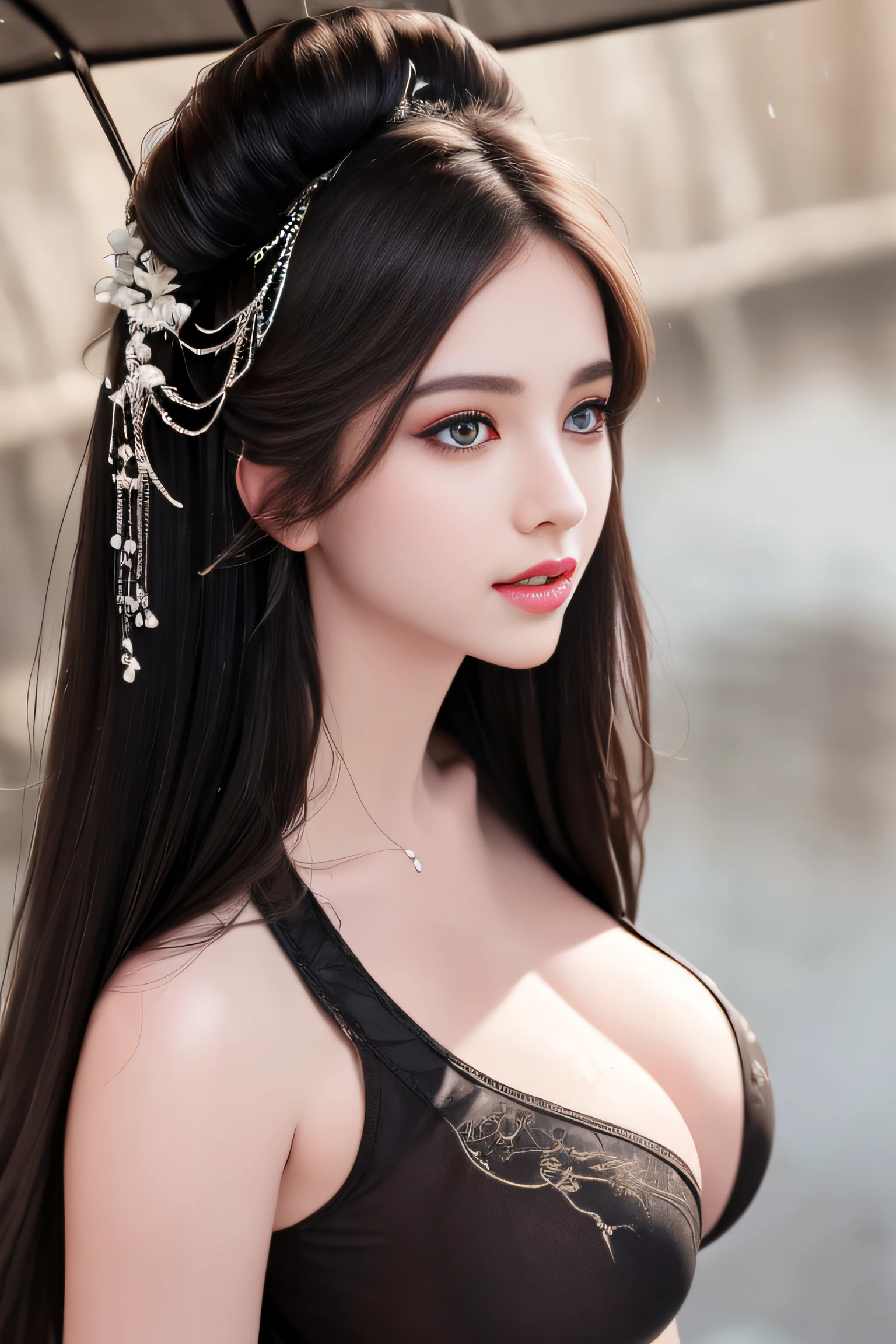 ((Best Quality, 8k, Masterpiece: 1.3)), Focus: 1.2, Perfect Body Beauty: 1.4, Buttocks: 1.2, ((Layered Haircut)), (Wet Clothes: 1.1), (Rain, Street:1.3), (Breasts: 1.2), (Hanfu: 1.2), Bare Shoulders, Bare Legs, Highly Detailed Face and Skin Texture, Fine Eyes, Double Eyelids, Whitened Skin, Long Hair, (Shut Up: 1.5), (Bokeh Background: 1.5), Big Breasts