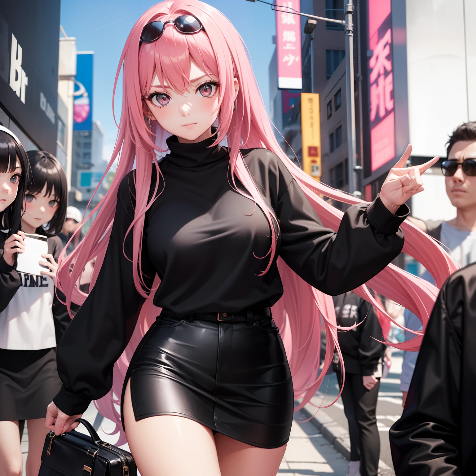 Leader of Runaway Bad Girl, Long Black Jumper, a cool、a miniskirt, Long pink hair, Looking at the viewer, Front view,