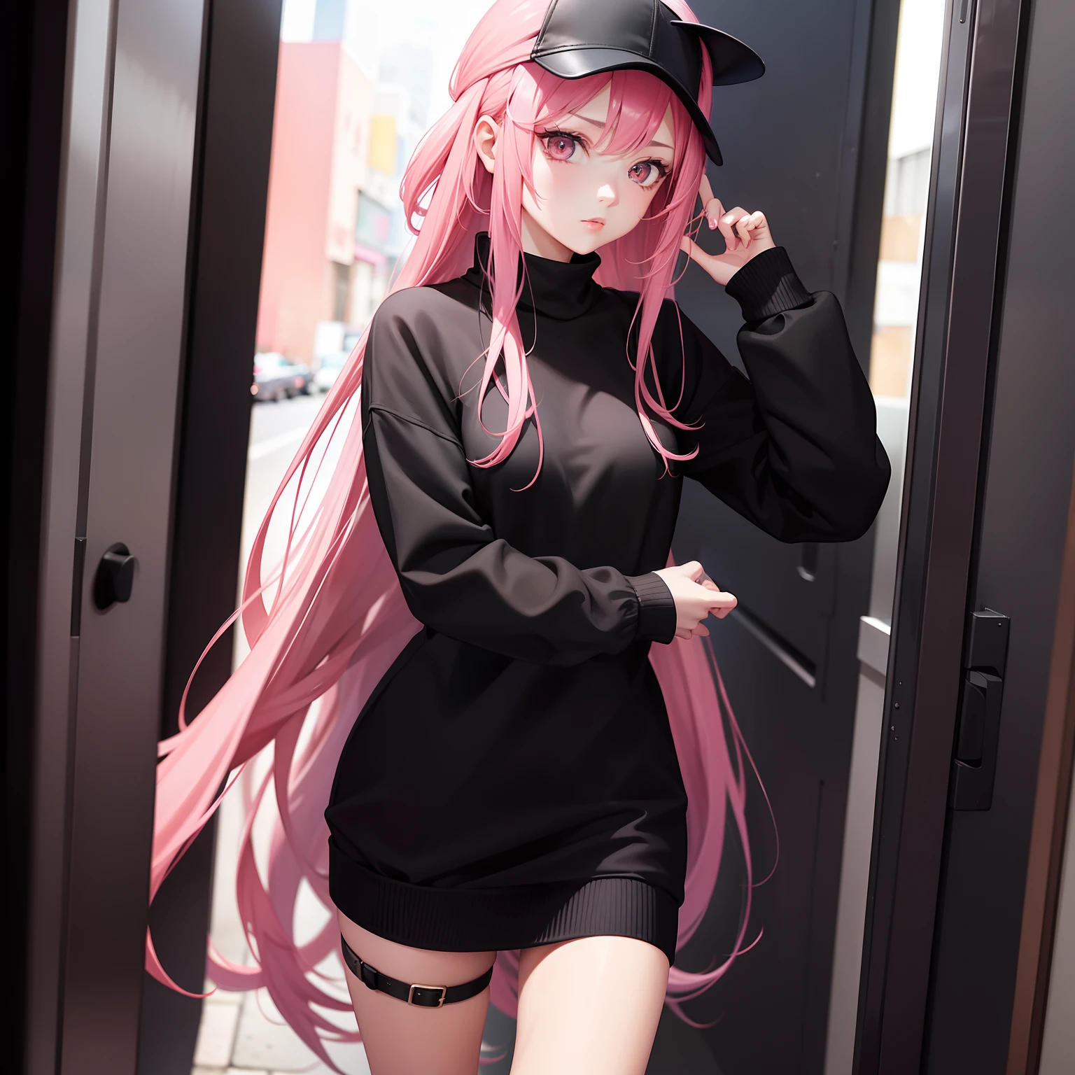 Leader of Runaway Bad Girl, Long Black Jumper, a cool、a miniskirt, Long pink hair, Looking at the viewer, Front view,