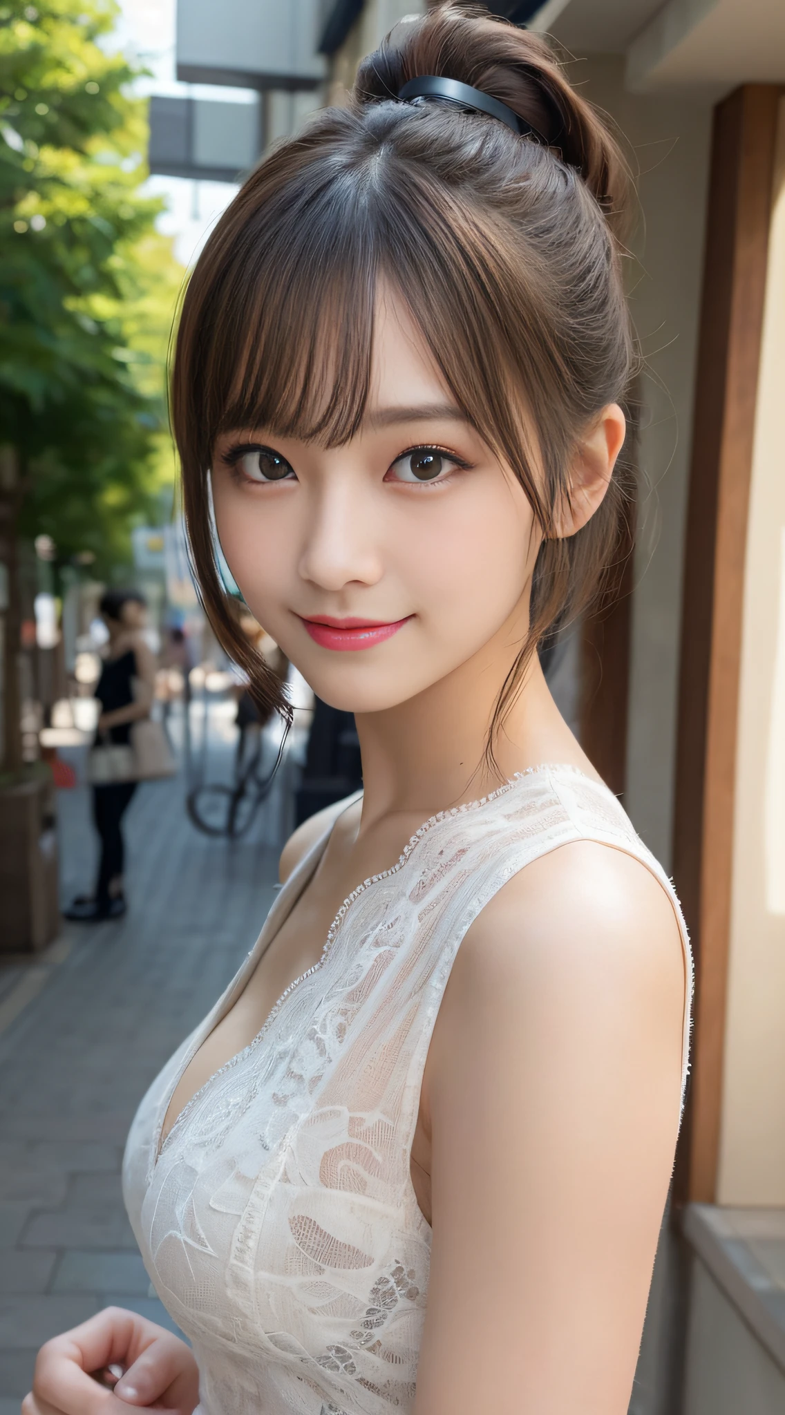 masutepiece, Best Quality, Illustration, Ultra-detailed, finely detail, hight resolution, 8K Wallpaper, Perfect dynamic composition, Beautiful detailed eyes, Women's Fashion Summer,Ponytail hair,Small breasts natural color lip, Bold sexy poses,Smile,Harajuku、20 years girl、Cute、Sexy shot looking at camera