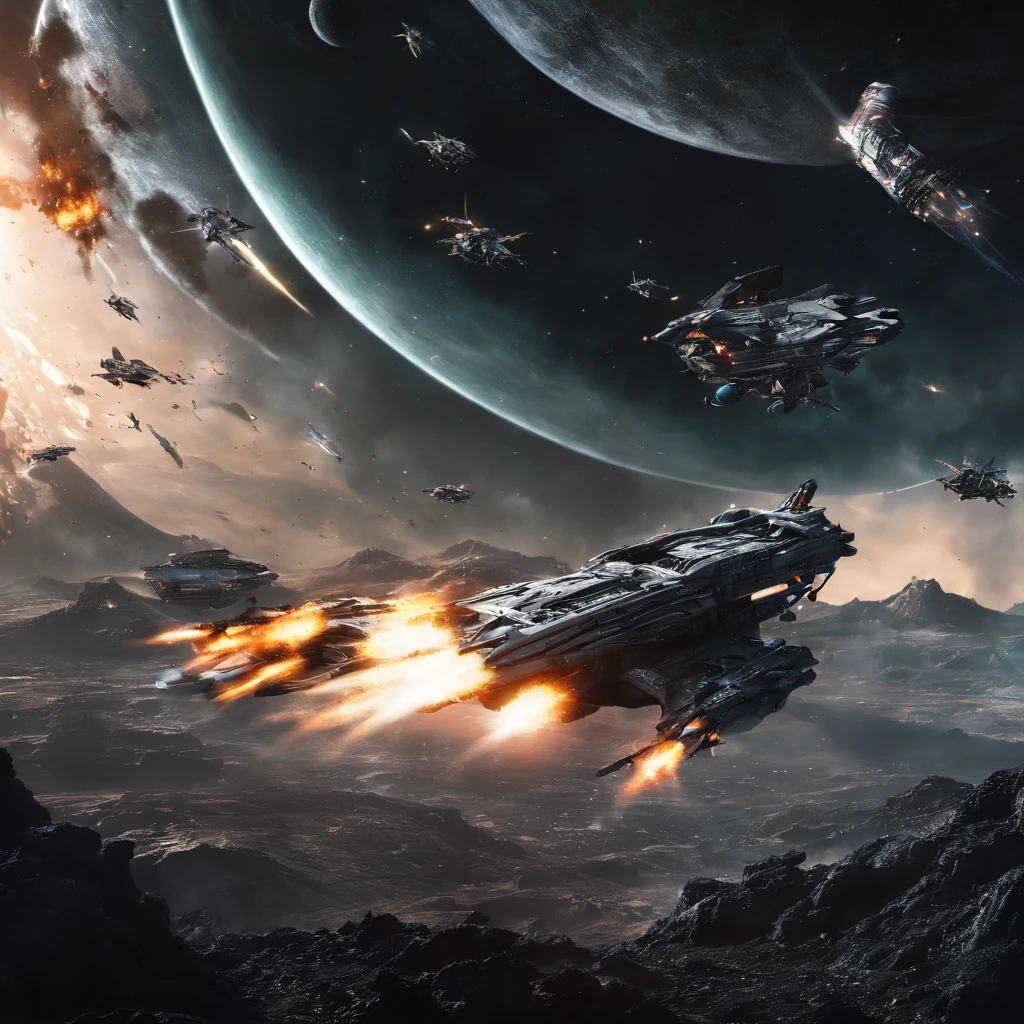 Movie space battle scene， (Dense warplanes attack spaceships:1.2),Destruction and volumetric lighting,Very detailed.)