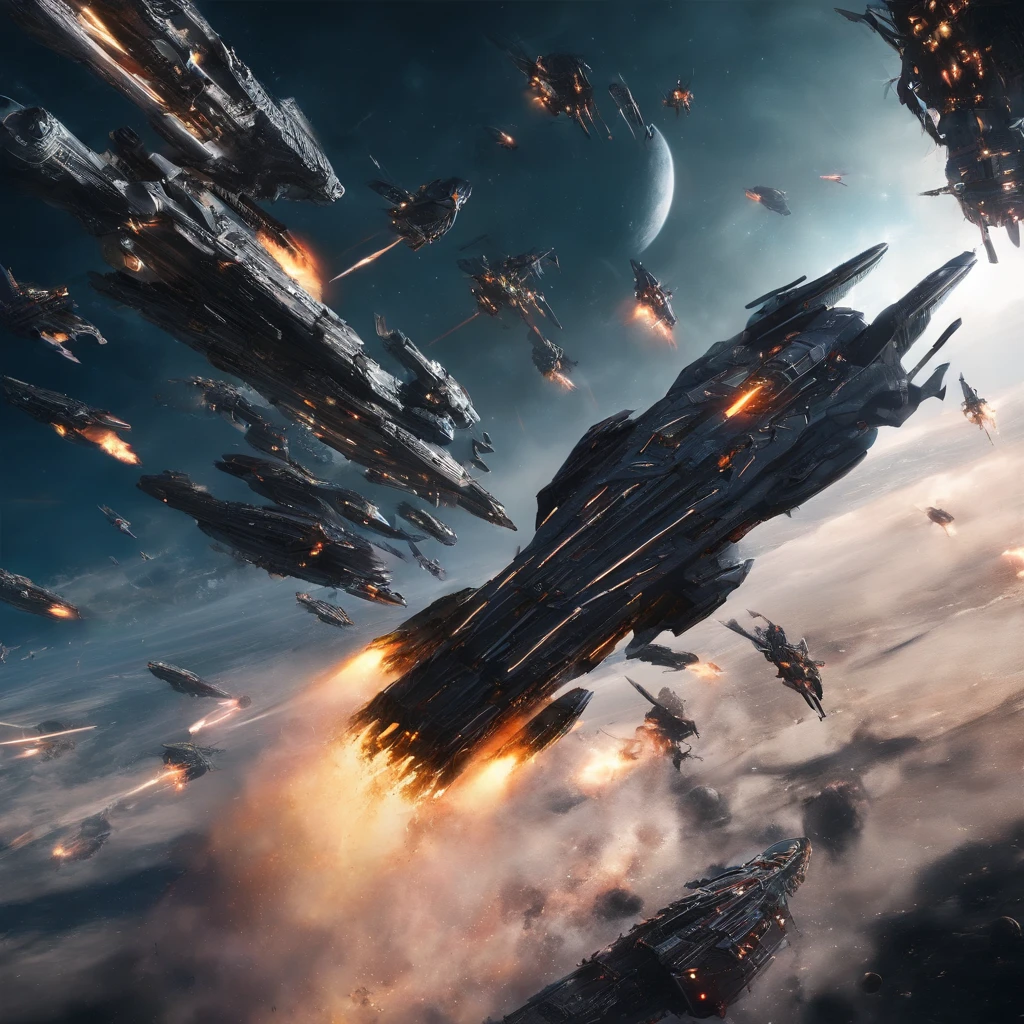 Movie space battle scene, (Dense warplanes attack spaceships:1.2),Destruction and volumetric lighting,Very detailed.)