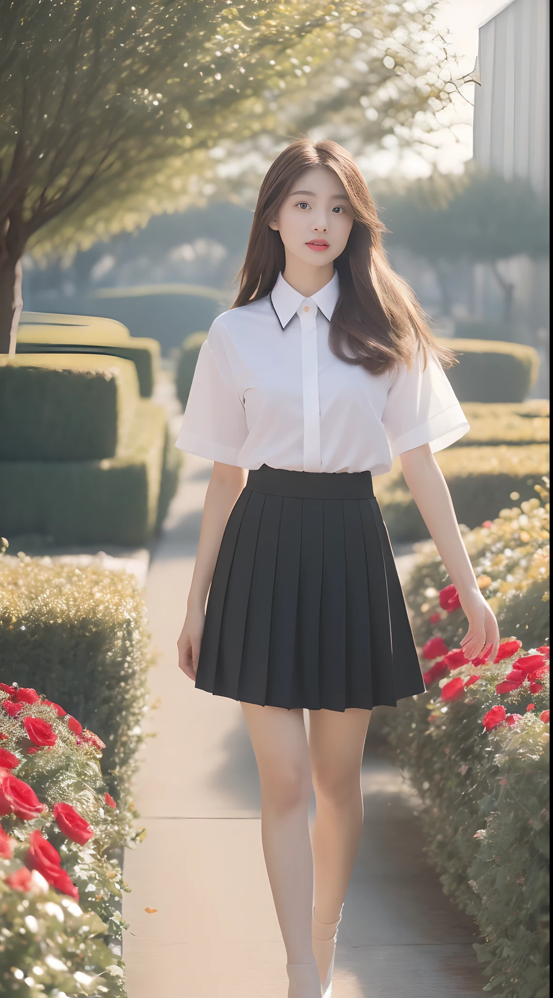 ((best qualtiy, 8K, Masterpiece Masterpiece: 1.3)),（full bodyesbian：1.5），A cute beauty with a perfect figure: 1.4, Slim， ((Brown hair black)) , (pleatedskirt，white short sleeve shirt，Black heels，school uniform，Full chest，Golden ratio figure，Highly detailed face，standing on your feet：1.2），（（Sea of roses）），Highly detailed facial and skin texture，wide wide shot，Ray traching，Colorful dreamy fairy tale garden，detail-rich，Sea of roses，8K, Yes，