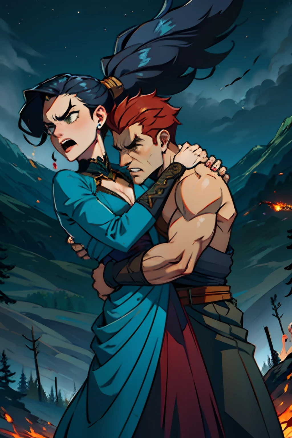 An angry woman and man, angry and arguing, hitting each other, background is dead trees, dark cloudy sky, mood is fractious, rivalrous, character design.