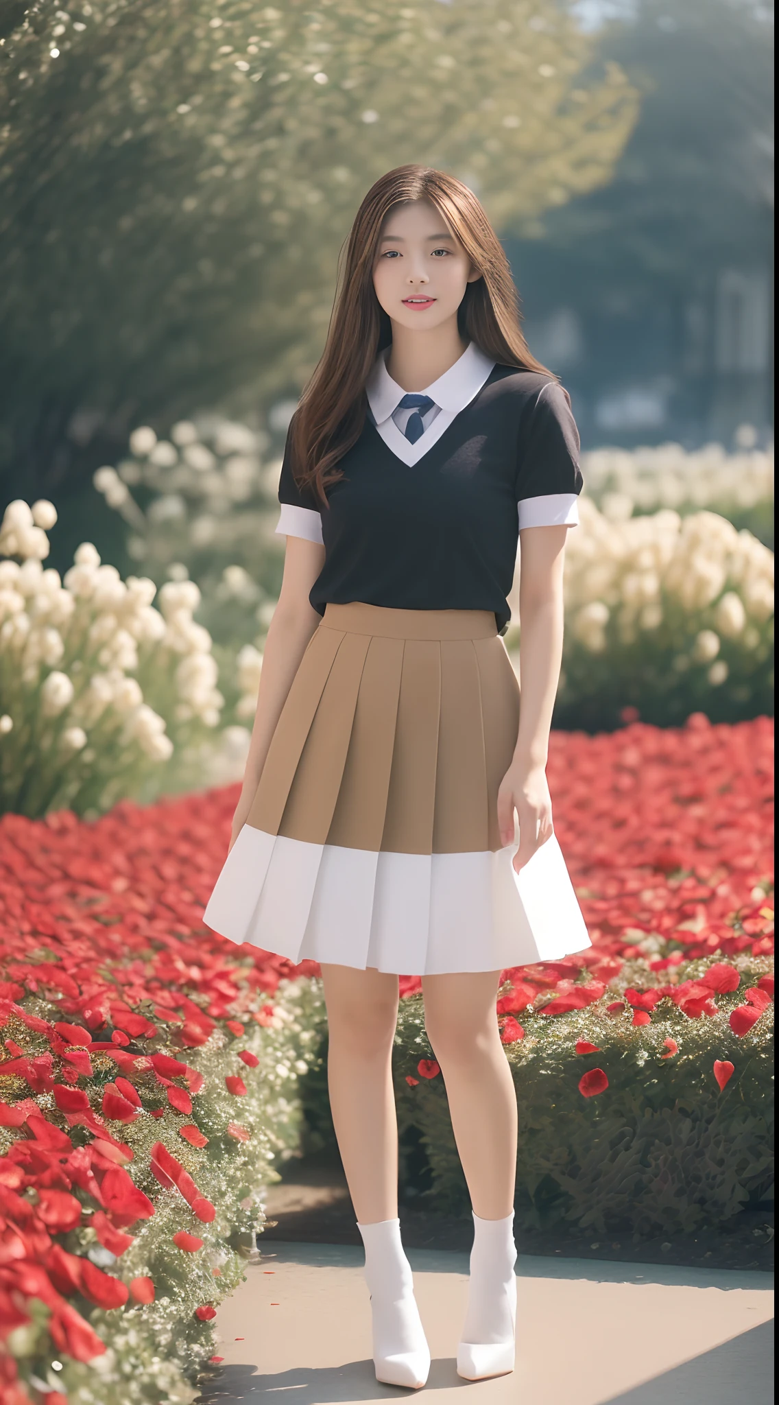 ((best qualtiy, 8K, Masterpiece Masterpiece: 1.3)),(full bodyesbian:1.5),A cute beauty with a perfect figure: 1.4, Slim, ((Brown hair black)) , (pleatedskirt,white short sleeve shirt,Black heels,school uniform,Full chest,Golden ratio figure,Highly detailed face,standing on your feet:1.2),((Sea of roses)),Highly detailed facial and skin texture,wide wide shot,Ray traching,Colorful dreamy fairy tale garden,detail-rich,Sea of roses,8K, Yes,