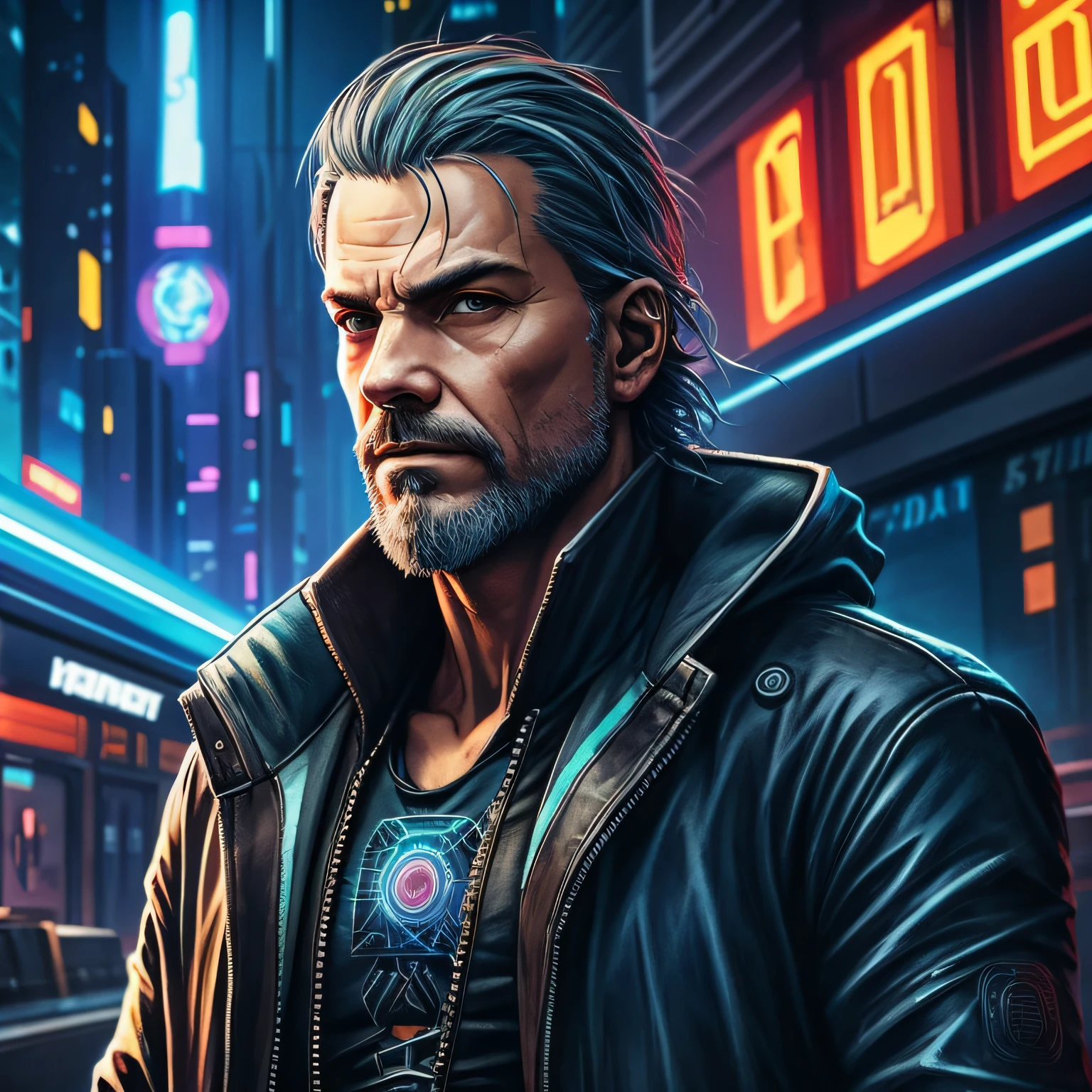 Cyberpunk, Hobo, Netrunner, masculine, Bart, Portrait,