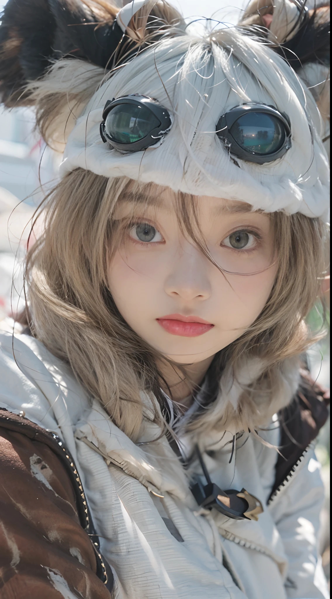 8K, Best Quality, masutepiece, Ultra High Resolution, (Realism: 1.4), Original photo, (True skin texture: 1.3), (Film grain: 1.3), (Other angles), wide-angle lens, 1 girl, Bow sledding、Beautiful eyes and face details, masutepiece, Best Quality, close up, Full body, Look at the viewer