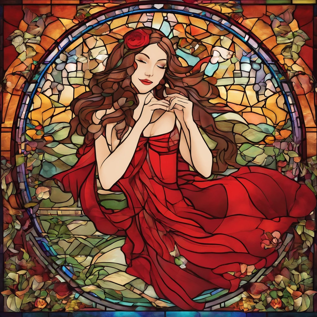 A girl in a red dress,Watch intently as money falls from the sky,She bathes in love and wealth。