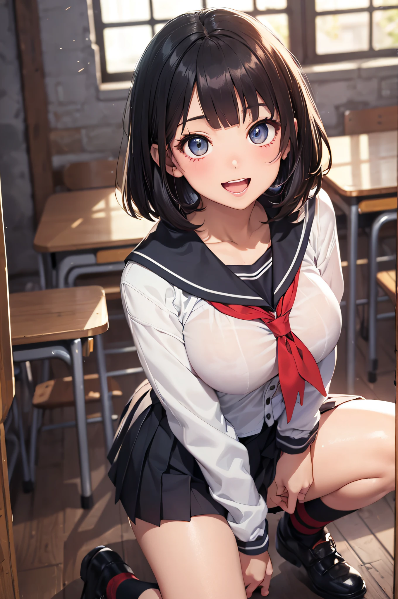 (top-quality、in 8K、32K、​masterpiece、nffsw、超A high resolution、Impresionismo、Photorealsitic:1.2)、Angle from above、High angle、Colossal tits、cowboy  shot, detailed faces and eyes、 Inside the classroom、Schools、Evening glow、beauitful face、blurry backround、16-year-old beautiful girl、shinny skin、short-hair、Beautiful black hair、Blunt bangs、Red Eye、(Katyusha:1.2)、a sailor suit、Pleated miniskirt、Curve、Stand on one knee、(I can see panties:1.2)、Smile with open mouth、Opening legs、