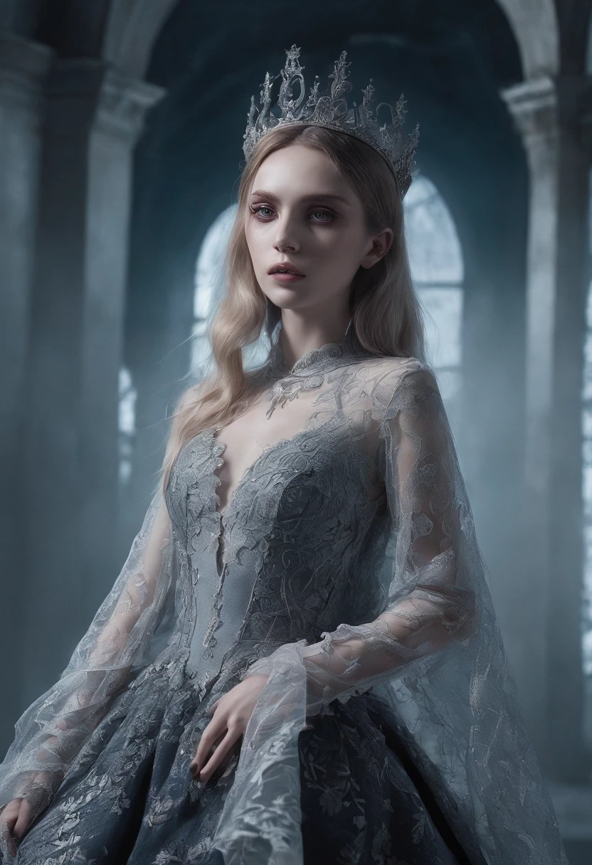 Krenz Cuchart style, Princess dressed in nerve-woven lace、Vampire Princess、Nestled in a great hall made of pottery and skeletons、Rays from Heaven、strong contrasts、Foggy space、Mystery and horror、Large space、Empty space、Marking the end of the evil night、A quantum light source