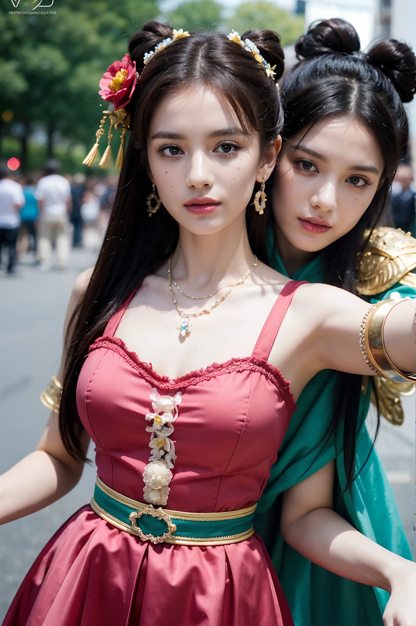 primitive,, (((Two girls,duo,stroking))),Nikon Z 85mm, award-winning glamorous photography,((Best quality)), ((Masterpiece)), ((Realistic)), 18th century, Vintage image, Beautiful French woman wears, Lace dress, Wearing a crown, 25 years, (Long brown hair), Brown eyes, (Large breasts),(alebrijes art style), Sitting outside a café in Paris, fantastical castle in the background, small, ((Small breasts)), Innocent, Flower pedal in the air,  ((freckle)), Intricate details, Highly detailed, Sharp focus, professional, 4K, spring flowers blooming, divine rays, Hand model, stunning blue eyes, small, Delicate, Innocent, high resolution, Detailed facial features, High detail, Sharp focus, smooth, Aesthetic, Extremely detailed, photore_\(Supergianthugebreasts\), Photorealistic, Realistic, Post-processing, Maximum detail, Roughness, Real life, Ultra photo realsisim, Photorealism, Photography, 8K  UHD, Photography, light SEMI-SILHOUETTE, russian face