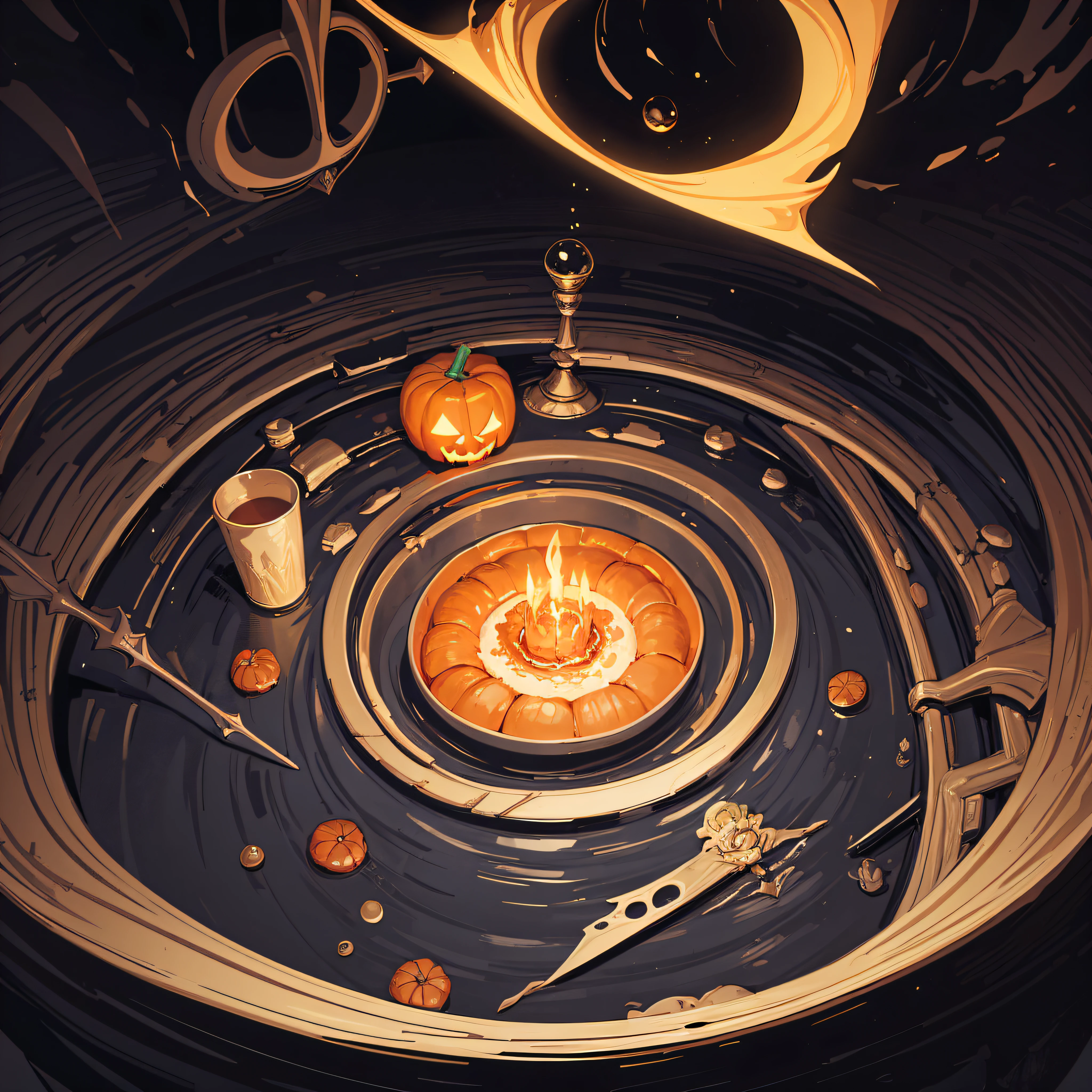 a Halloween vector background portraying a witch's lair with bubbling cauldrons, spellbooks, and magical artifacts