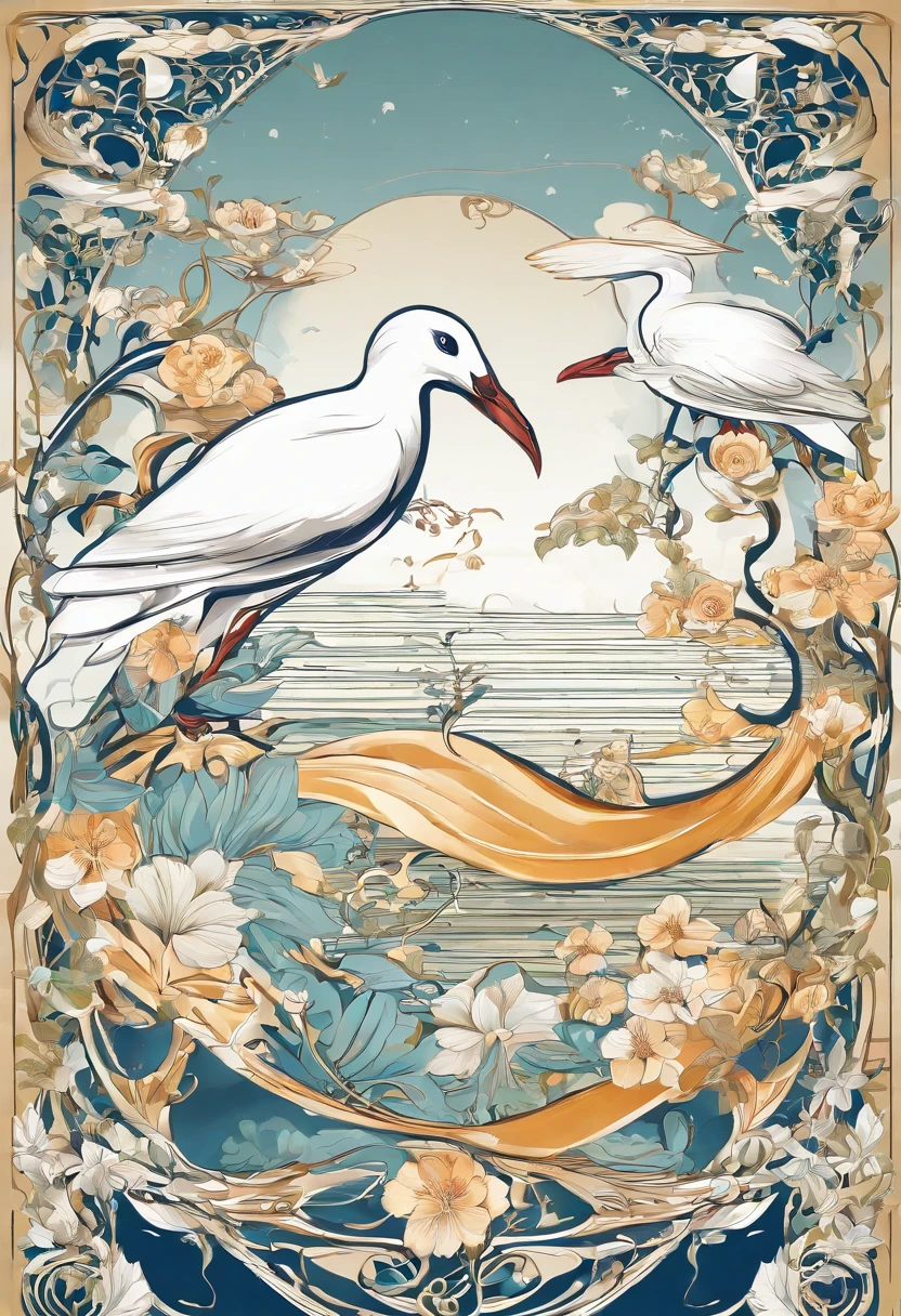 Draw festival posters Sea and sky white seagulls Piano Violin Staff Notes Chinese Music Festival